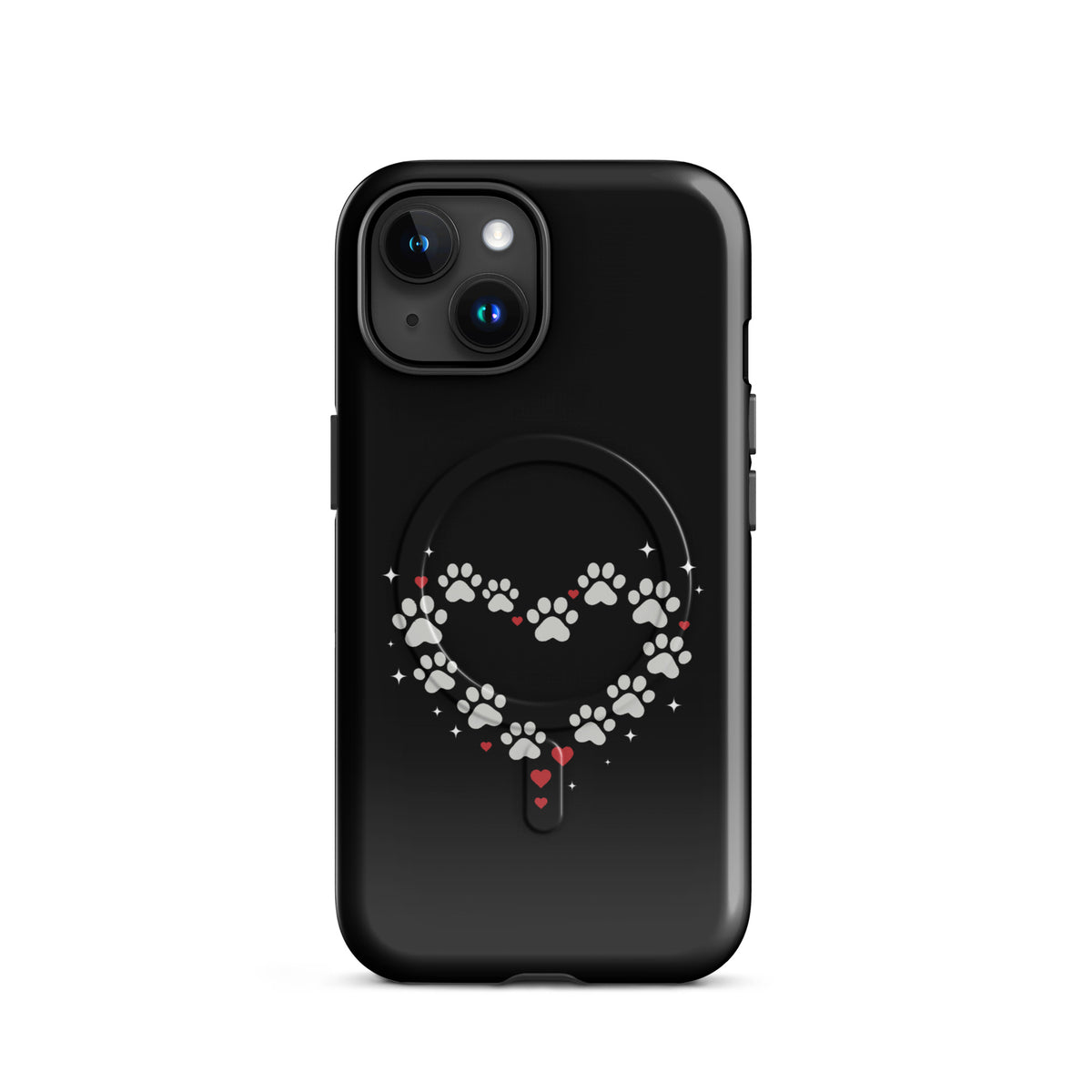 Magnetic Phone Case for iPhone with paw-print heart design on black background, showcasing animal love and luxury protection.