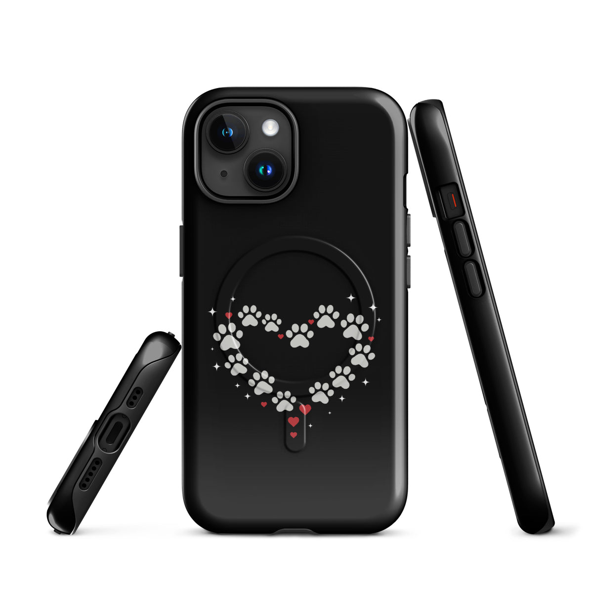 Magnetic Phone Case for iPhone with paw-print heart design on black background, animal lovers accessory, luxury feel.