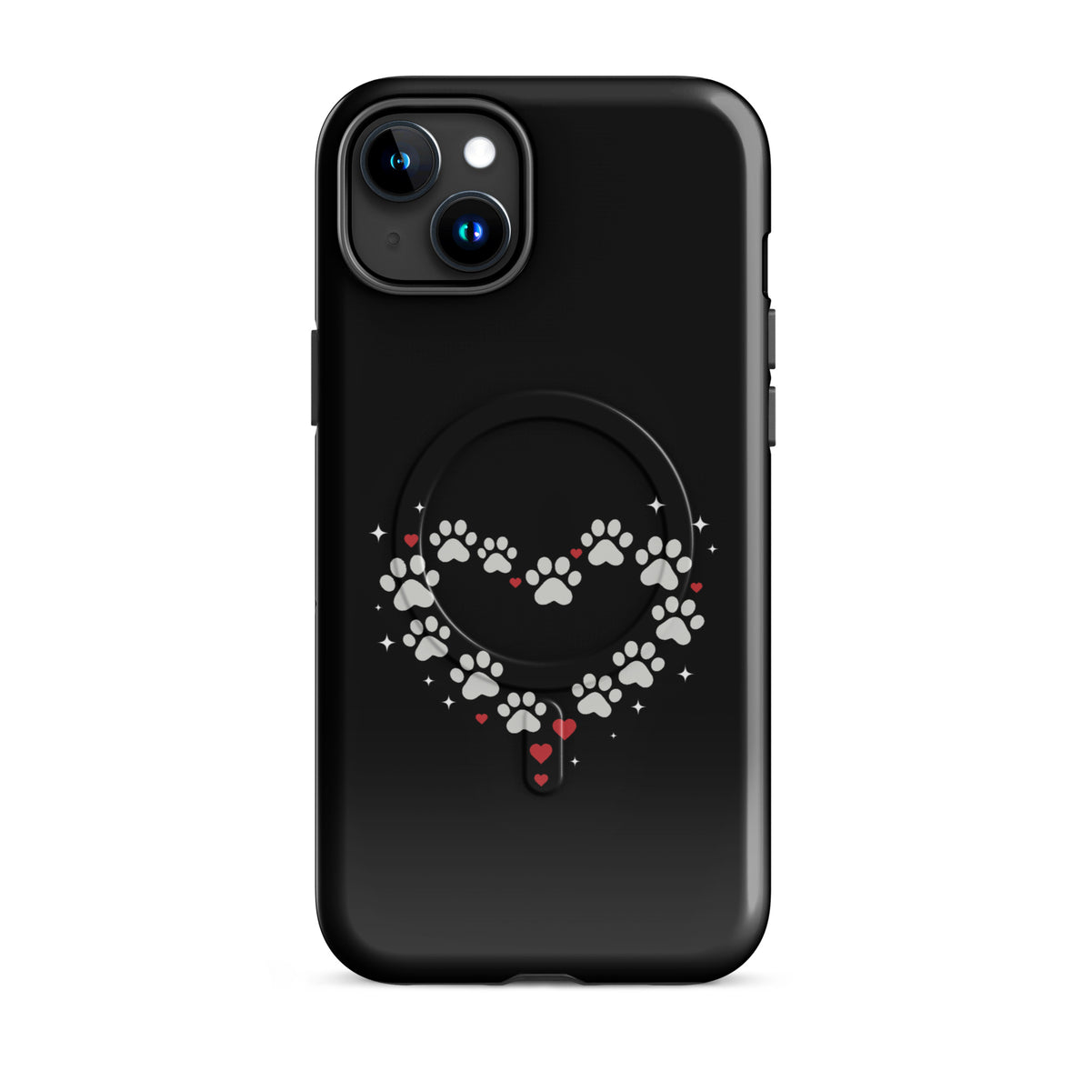 Magnetic Phone Case with paw-print heart design for iPhone, showcasing animal love in black and gray.