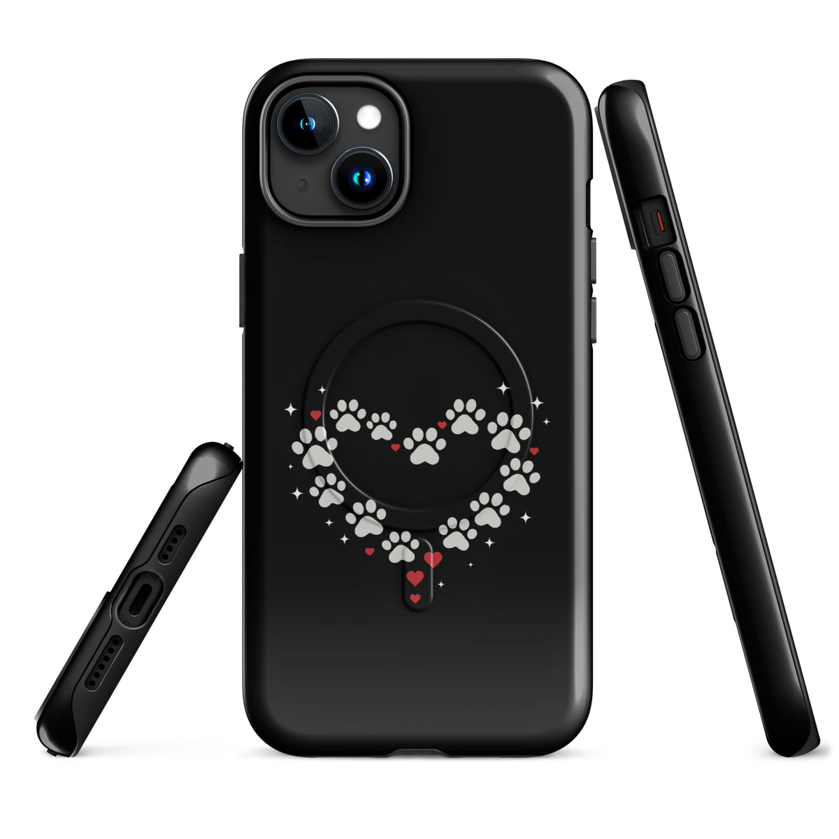 Magnetic Phone Case with paw-print heart design, black backdrop, for iPhone, luxury animal lover accessory.