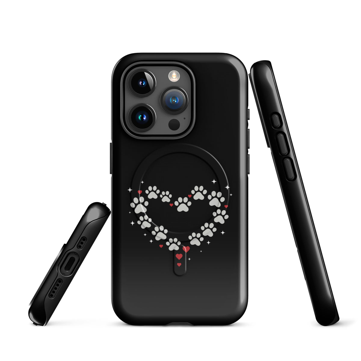 Magnetic Phone Case with paw-print heart design for iPhone, featuring bold black backdrop and luxury appeal.