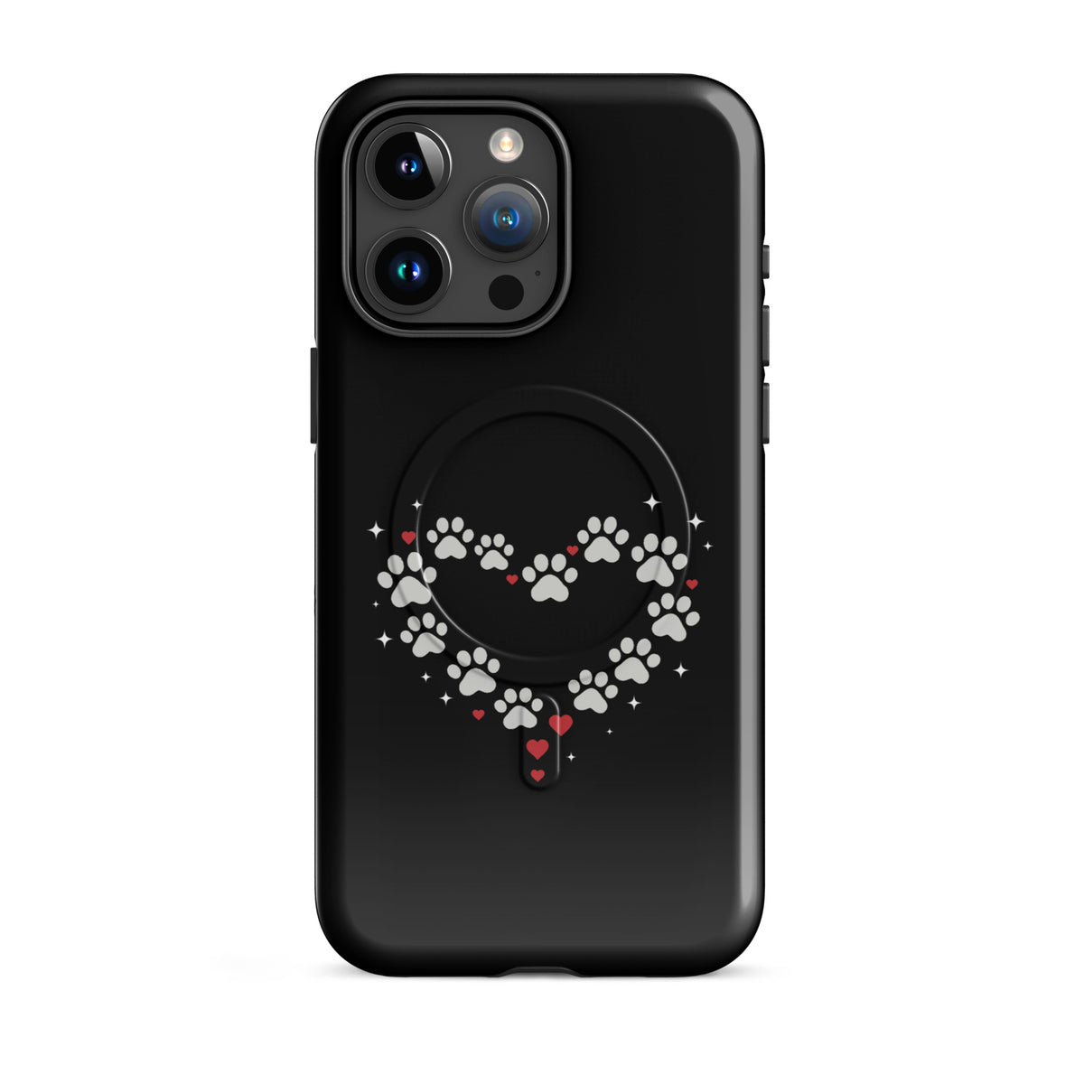 Magnetic Phone Case for iPhone with paw-print heart design on a black backdrop, offering stylish luxury and animal lover appeal.