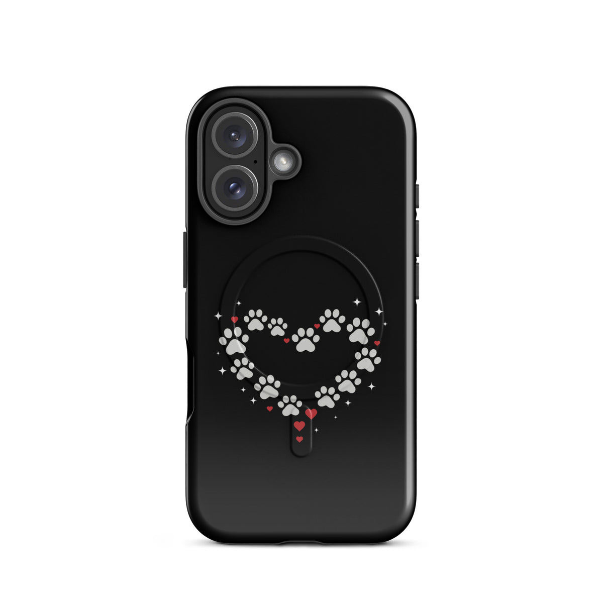 Magnetic Phone Case with paw-print heart design for iPhone on black background, offering luxury protection and animal love statement.