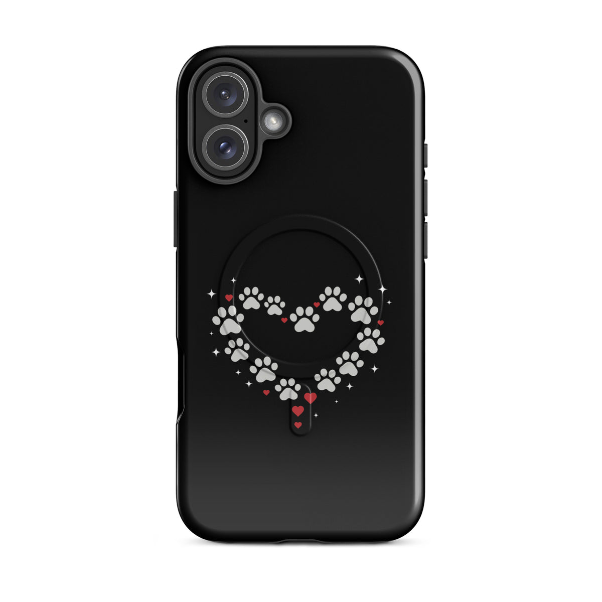 Magnetic Phone Case for iPhone with paw-print heart design on black backdrop, luxury animal-themed accessory.