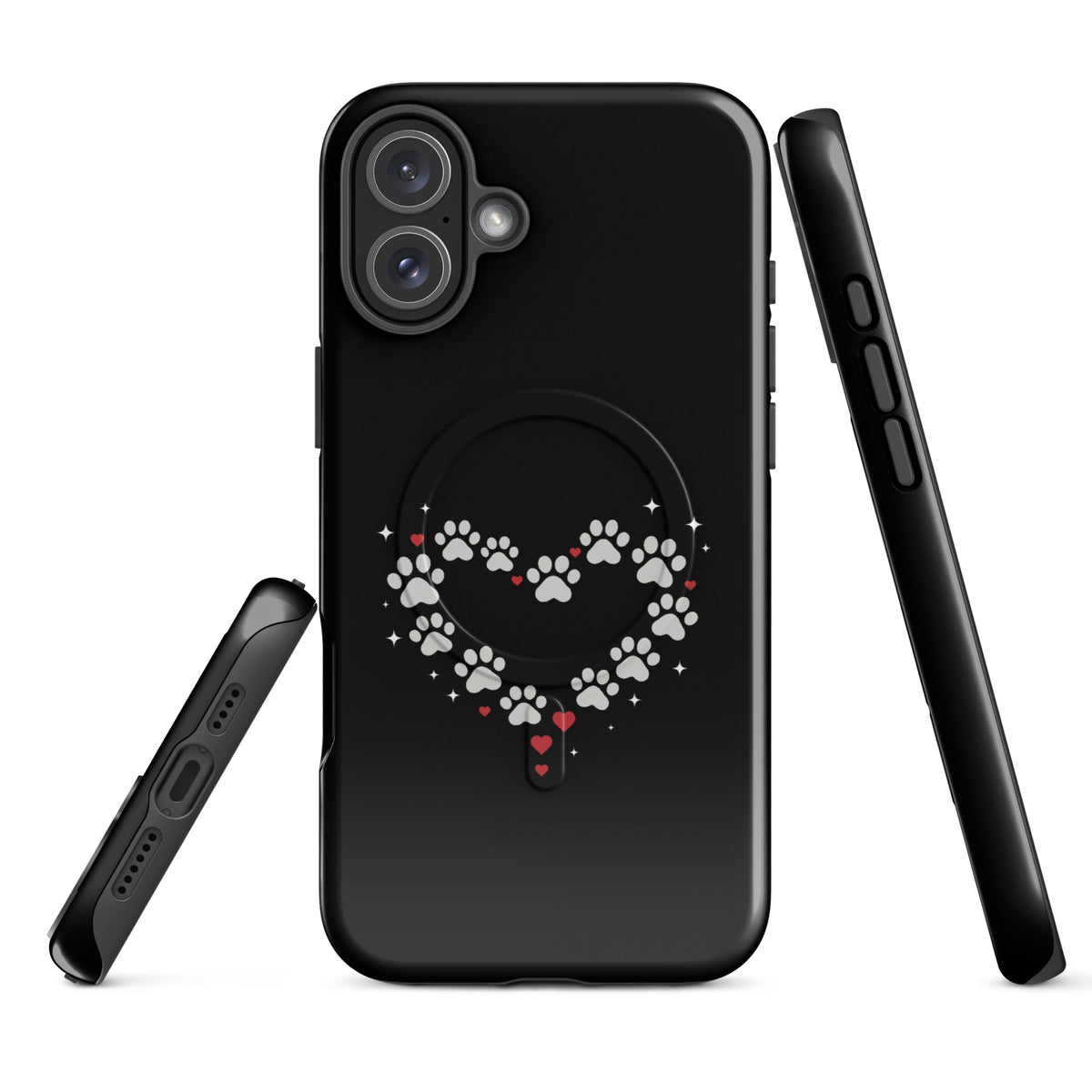 Magnetic Phone Case for iPhone with paw-print heart design on a black backdrop, celebrates animal love and upscale protection.