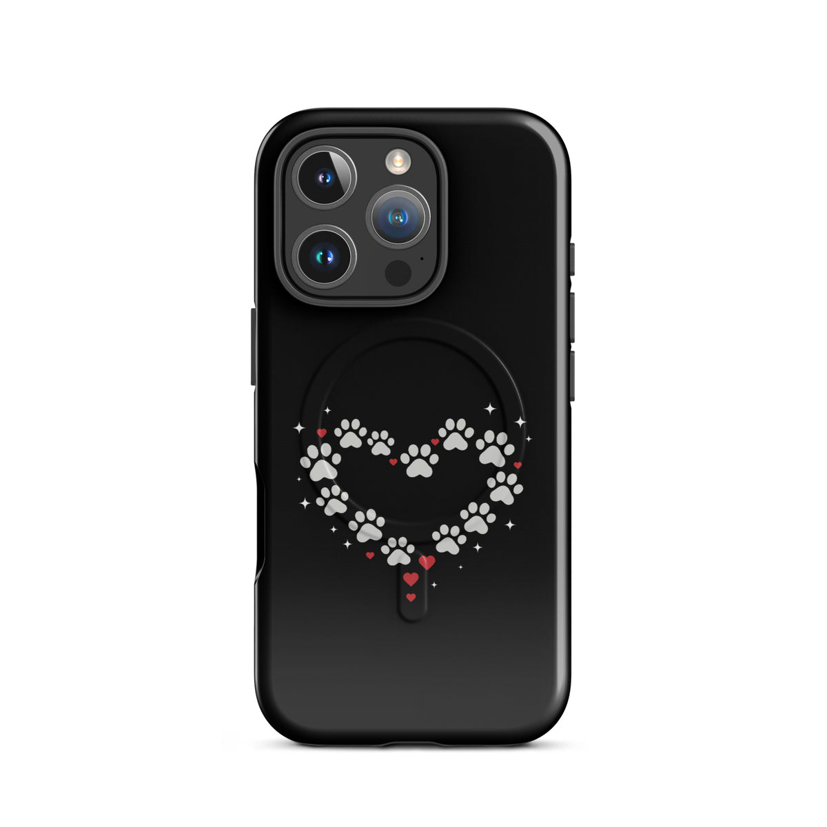 Magnetic Phone Case with paw‑print heart design on black for animal lovers.