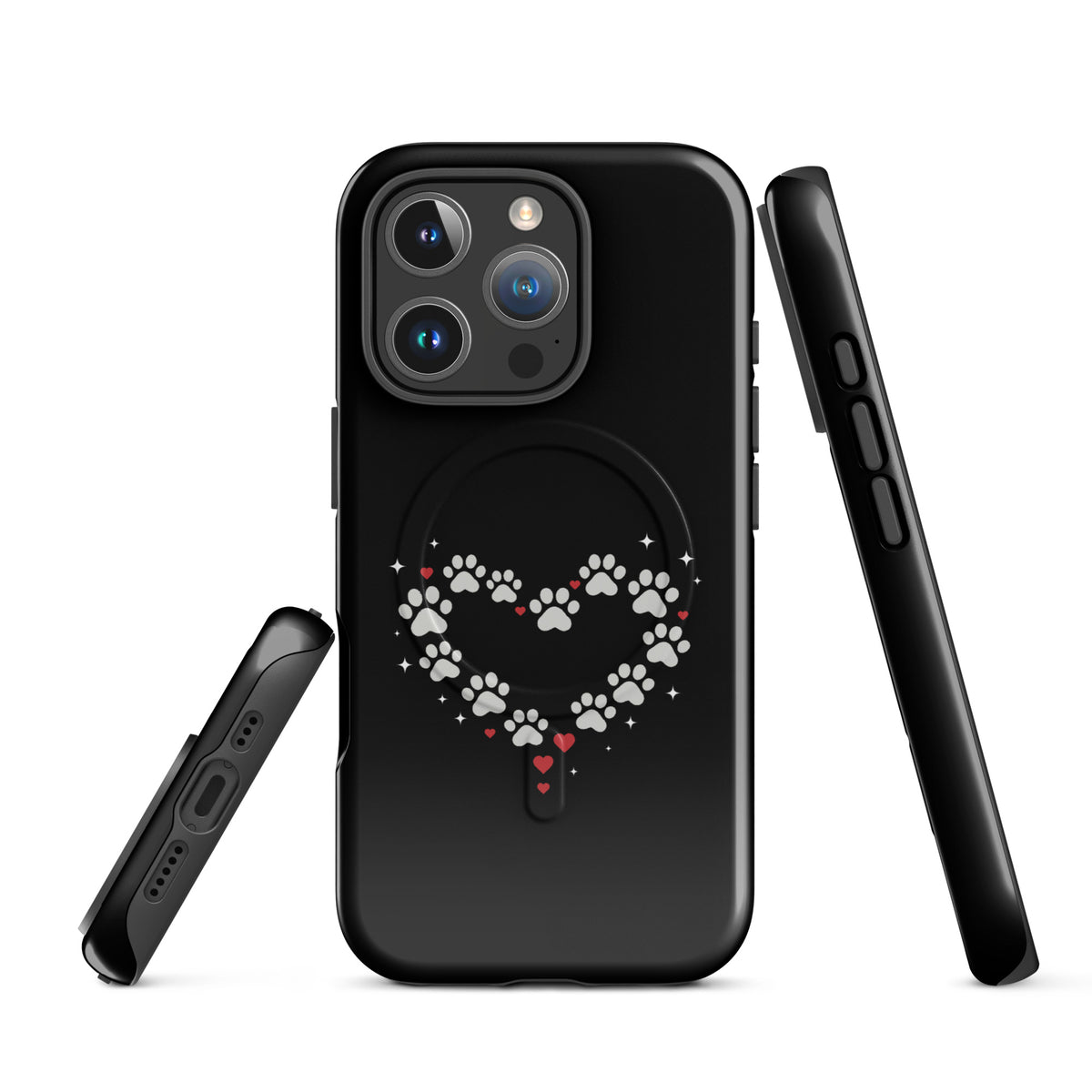 Magnetic Phone Case for iPhone with a paw-print heart design on black background, showcasing luxury and animal love.