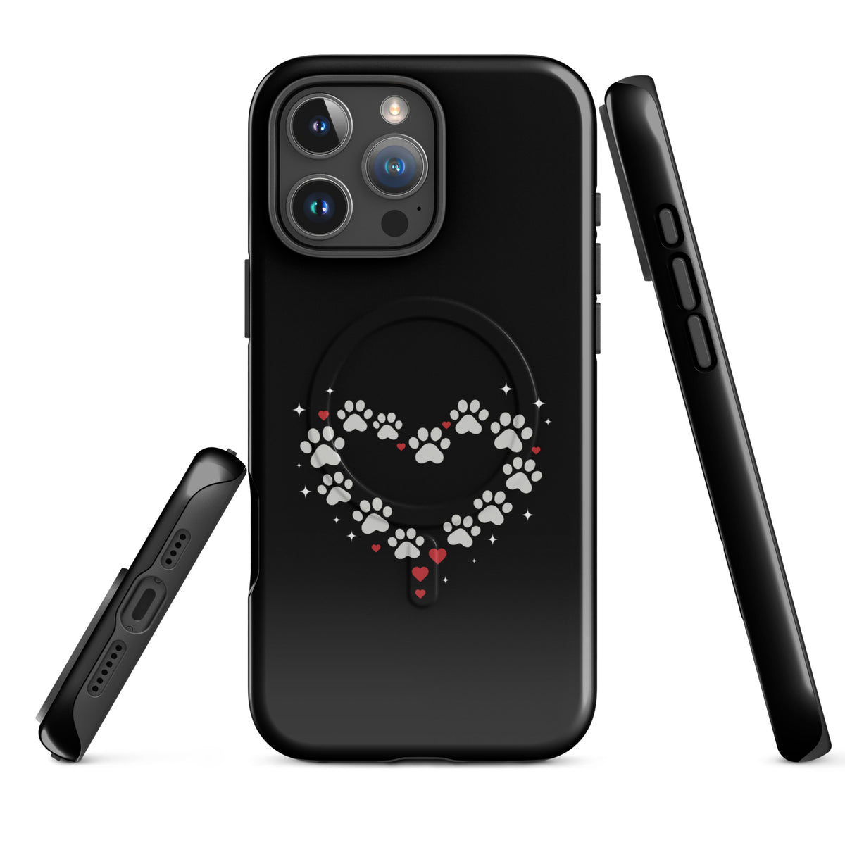 Magnetic Phone Case for iPhone with paw-print heart design, black backdrop, and luxury finish.