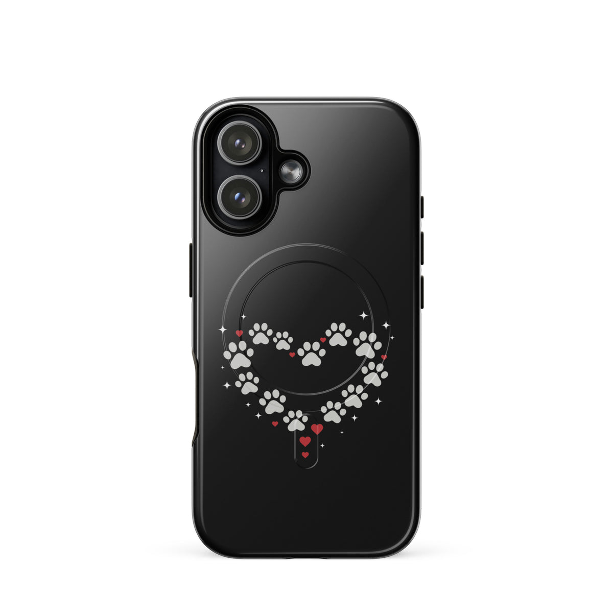 Magnetic Phone Case for iPhone with paw-print heart design on black backdrop, perfect for pet lovers seeking style and protection.