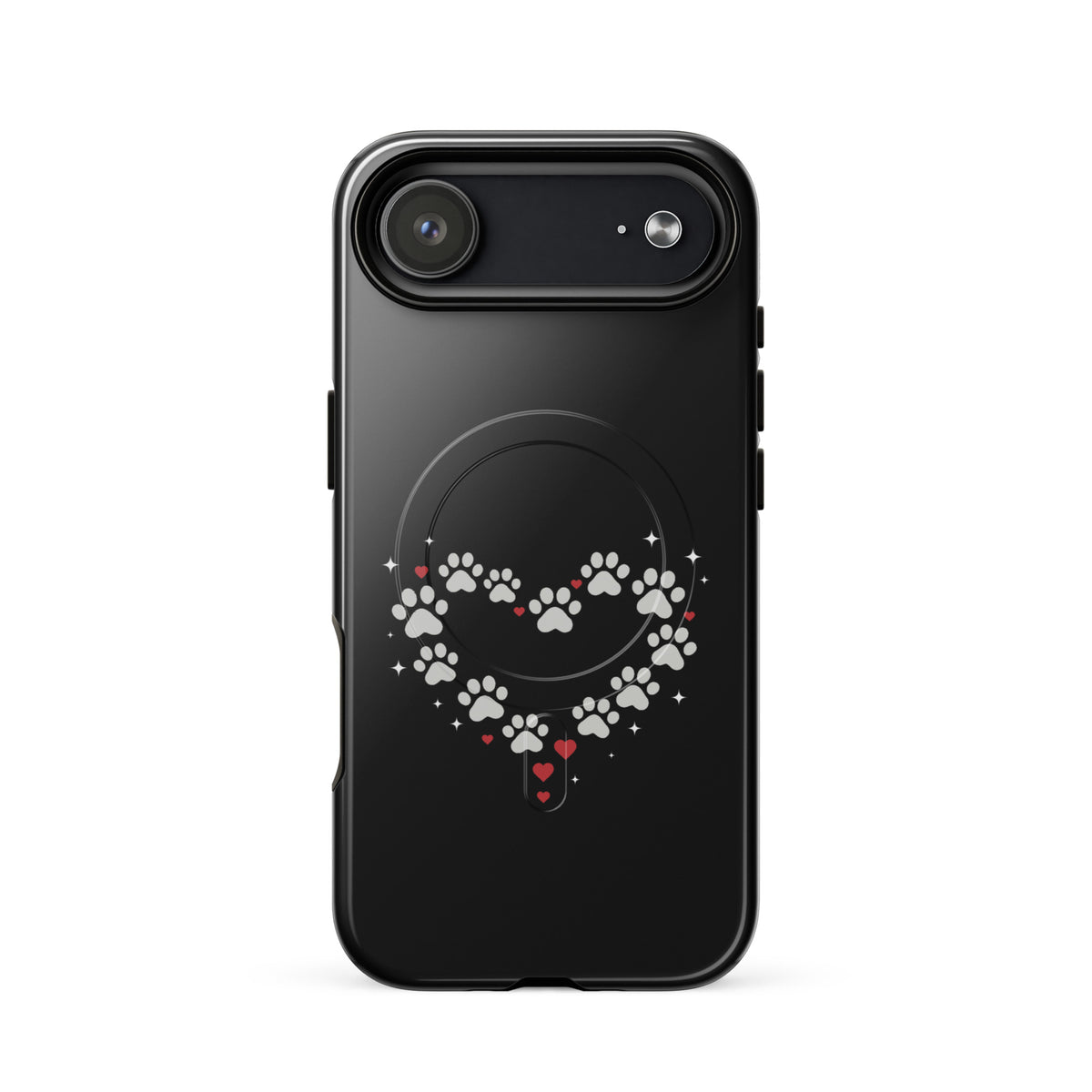 Magnetic Phone Case with paw-print heart design for iPhone, luxury black background and animal love theme.