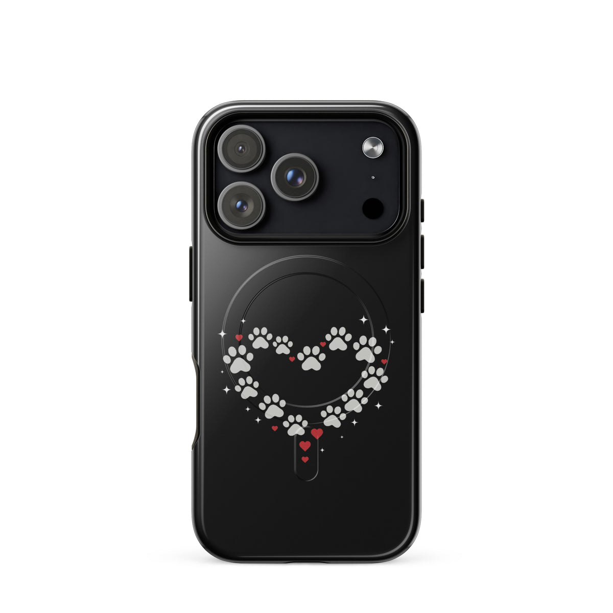 Magnetic Phone Case for iPhone with black background and paw-print heart design, perfect for animal lovers seeking charm and protection.