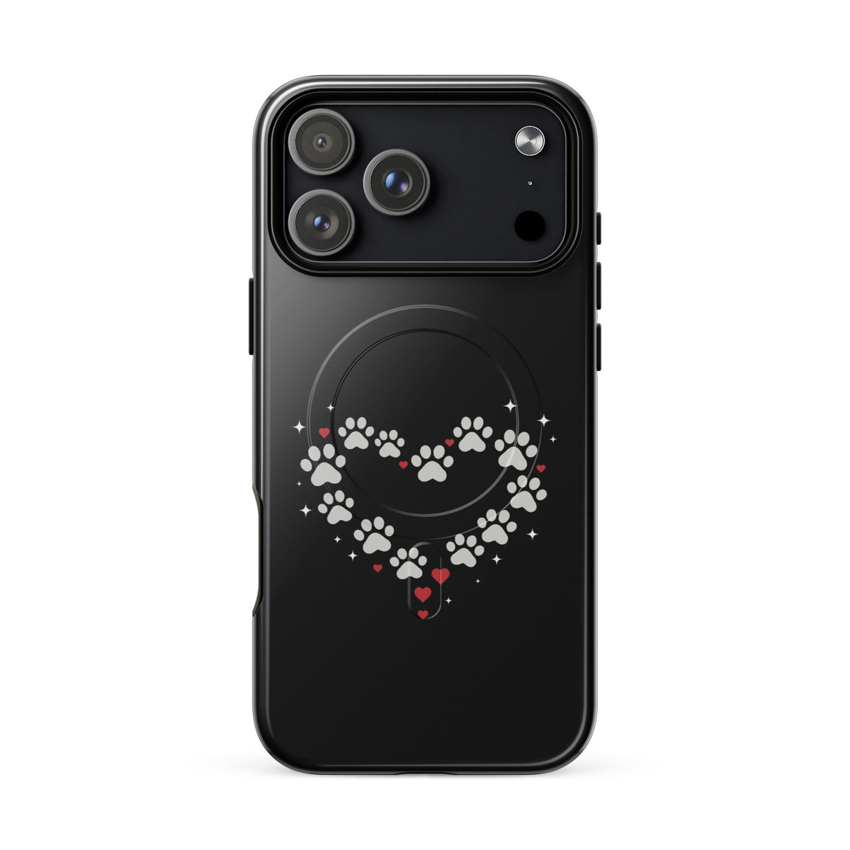 Magnetic Phone Case with paw-print heart design on black backdrop for iPhone, combining charm and luxury in animal-inspired protection.