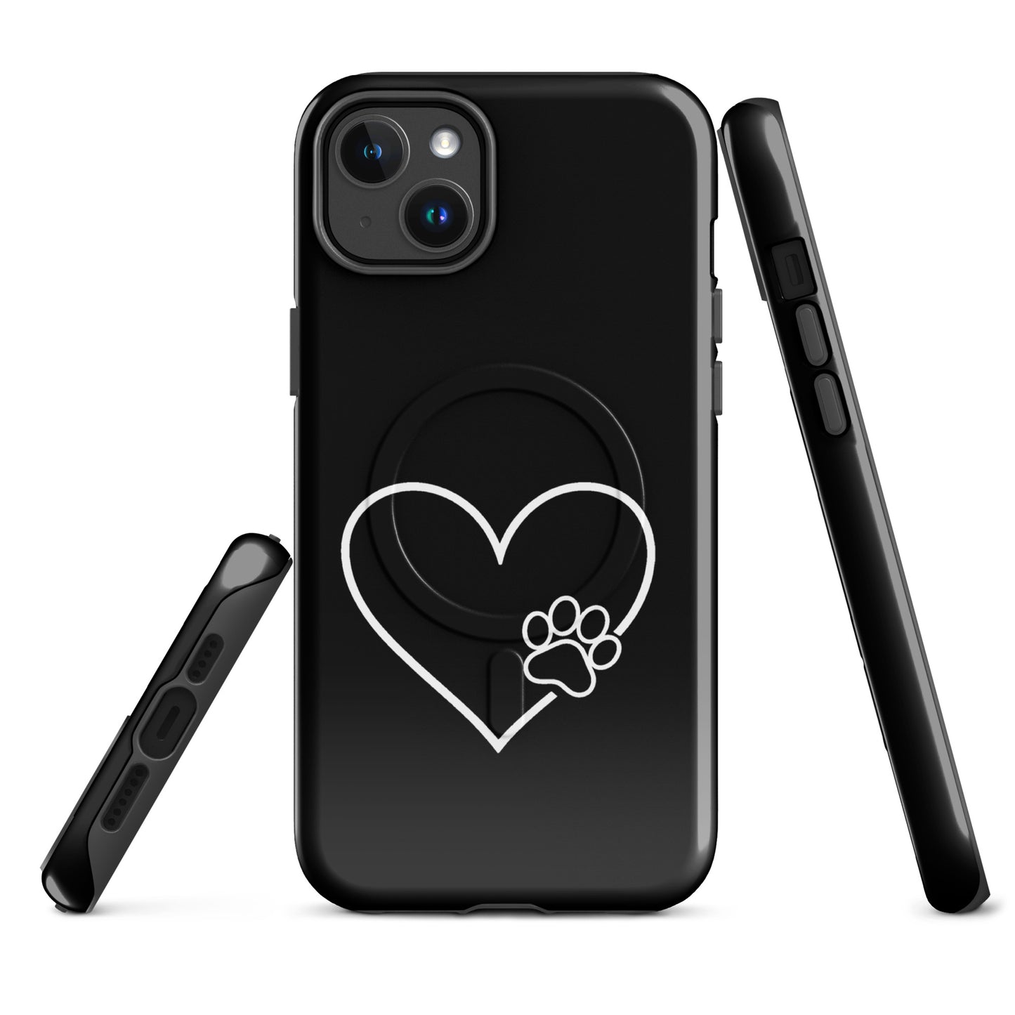Magnetic Phone Case for iPhone featuring a heart and paw print design, symbolizing love and connection, in sleek black.