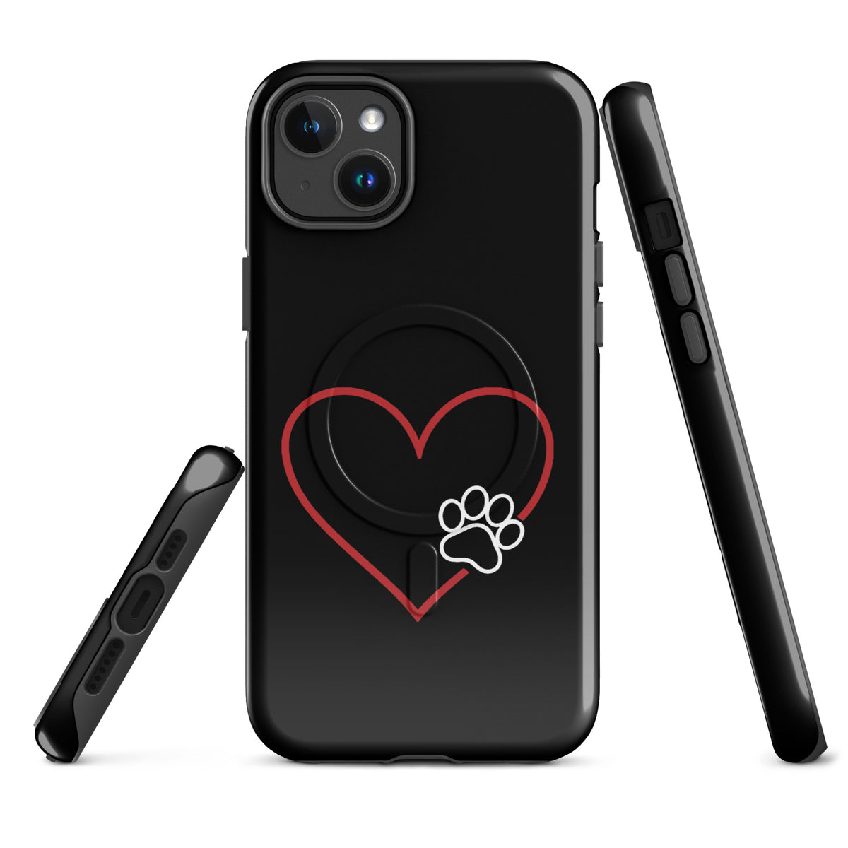 Magnetic Phone Case for iPhone with black paw in heart design, offering pet-themed protection and style.