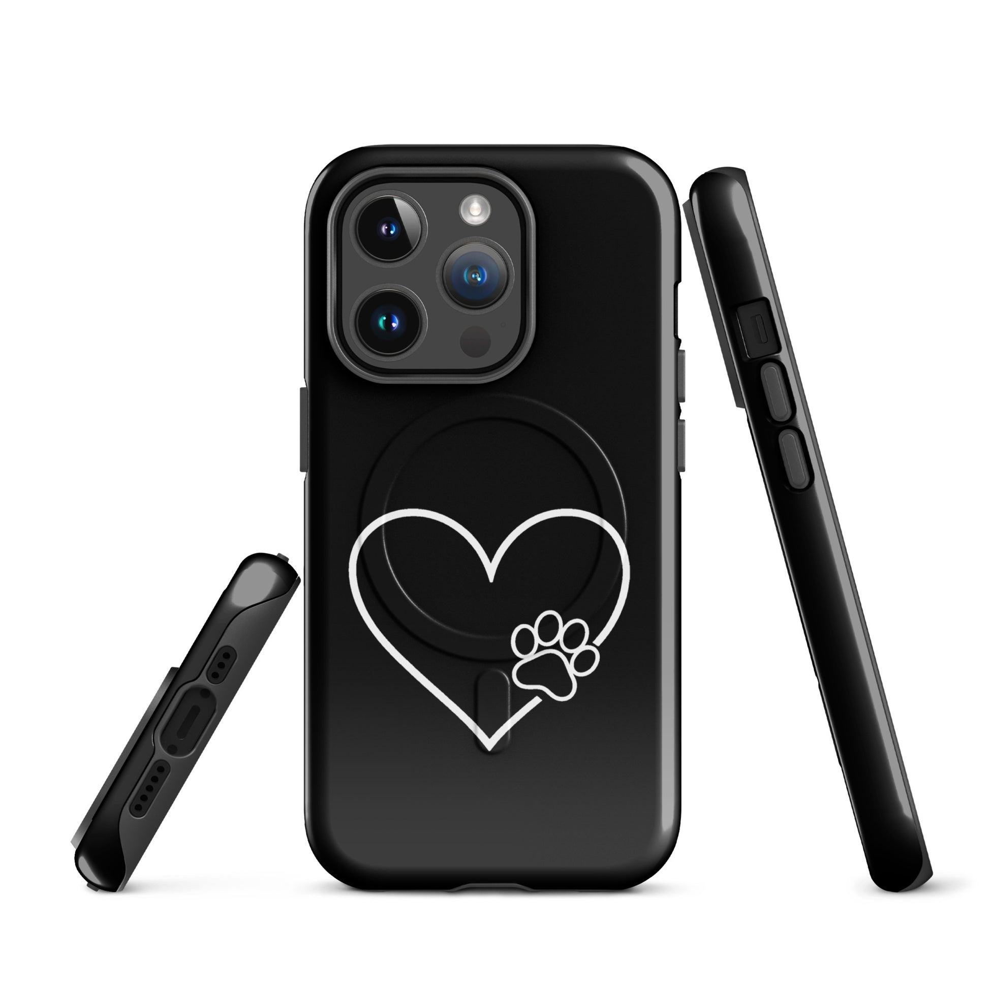 Magnetic Phone Case for iPhone with heart and paw print design, highlighting love for pets and sleek protection.