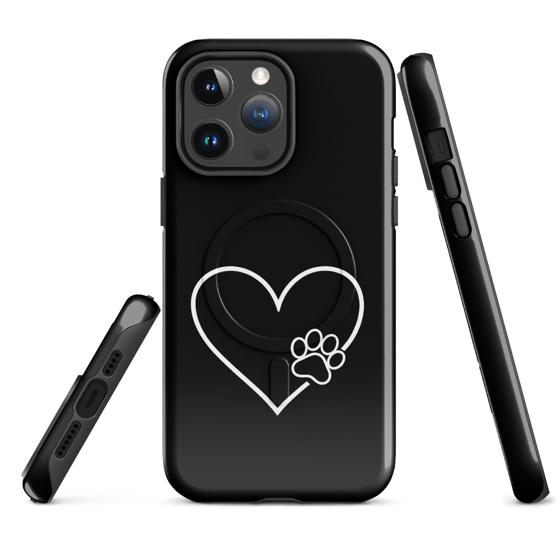Magnetic Phone Case for iPhone with heart and paw print design, sleek black finish, showing side and back view.