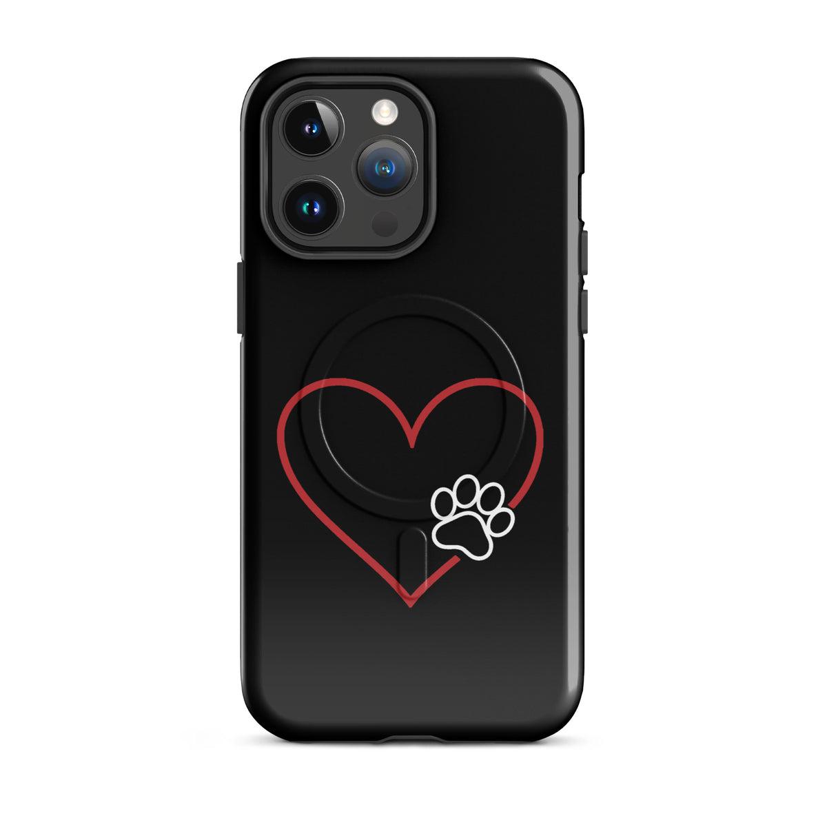 Magnetic Phone Case for iPhone with heart and paw print, black design symbolizes love for pets and tech, offering style and protection.