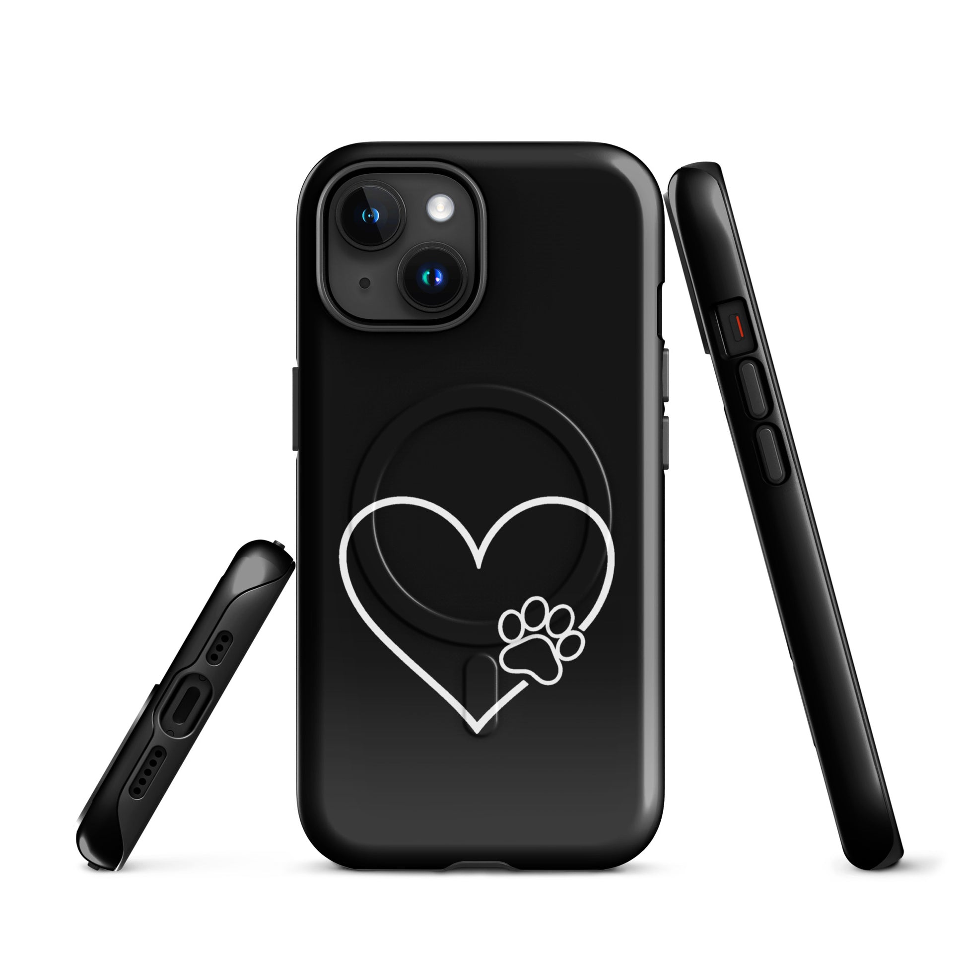 Magnetic Phone Case for iPhone with elegant heart paw print design, black case with white heart and paw, pet lover accessory.