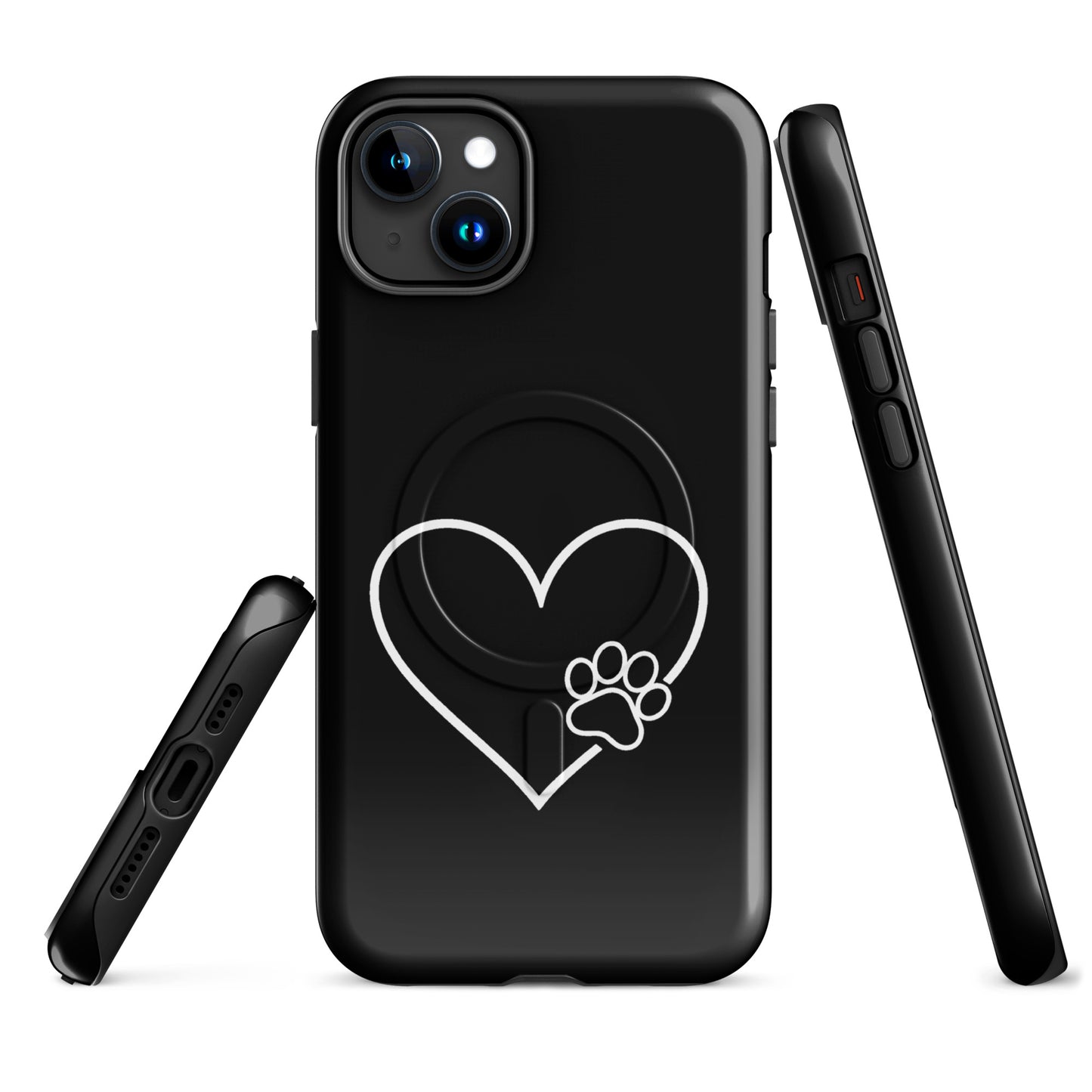 Magnetic Phone Case for iPhone with heart and paw print design, symbolizing pet love and loyalty, in elegant black and white style.