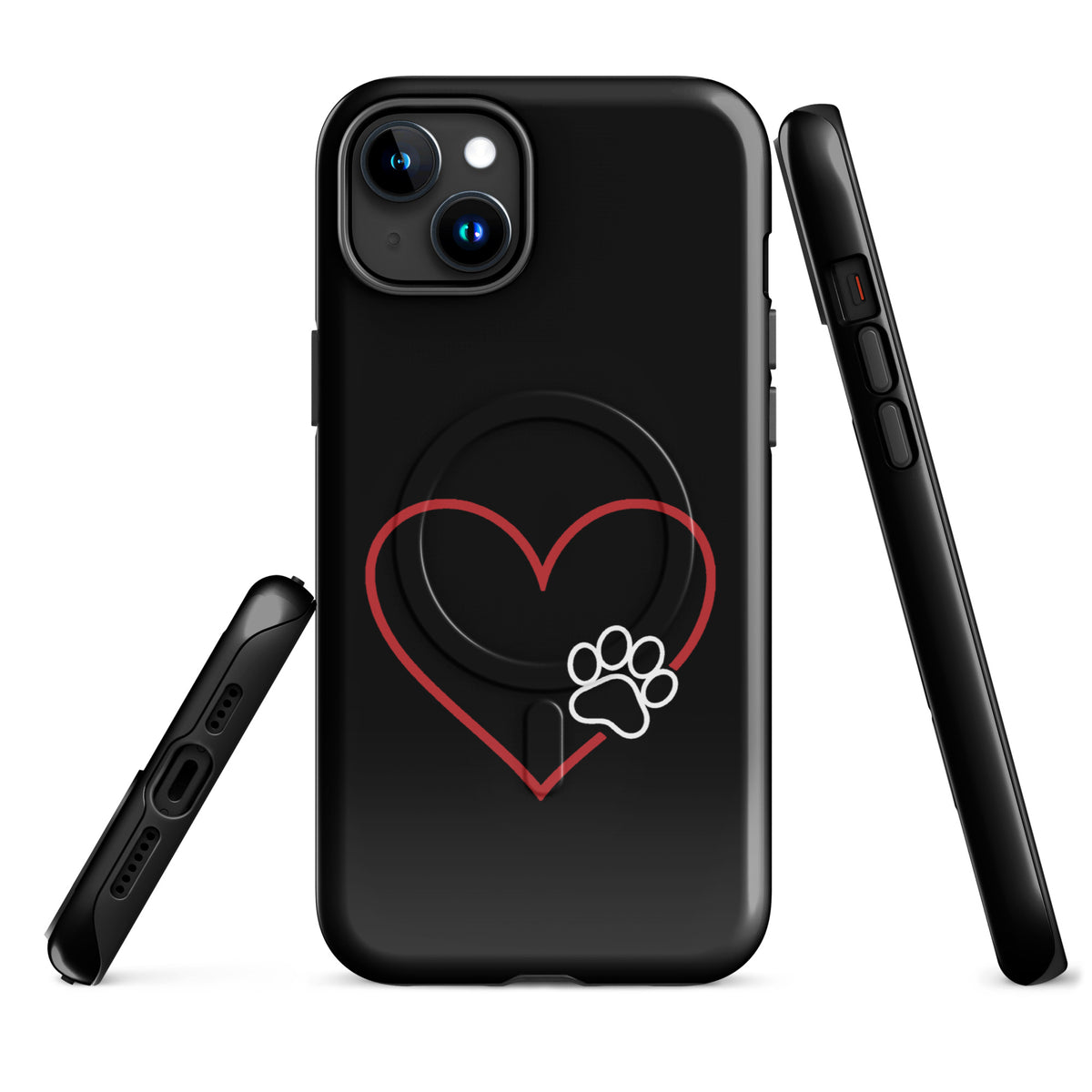 Magnetic Phone Case for iPhone with heart and paw print design, sleek black finish, pet lover accessory, minimalist phone protection