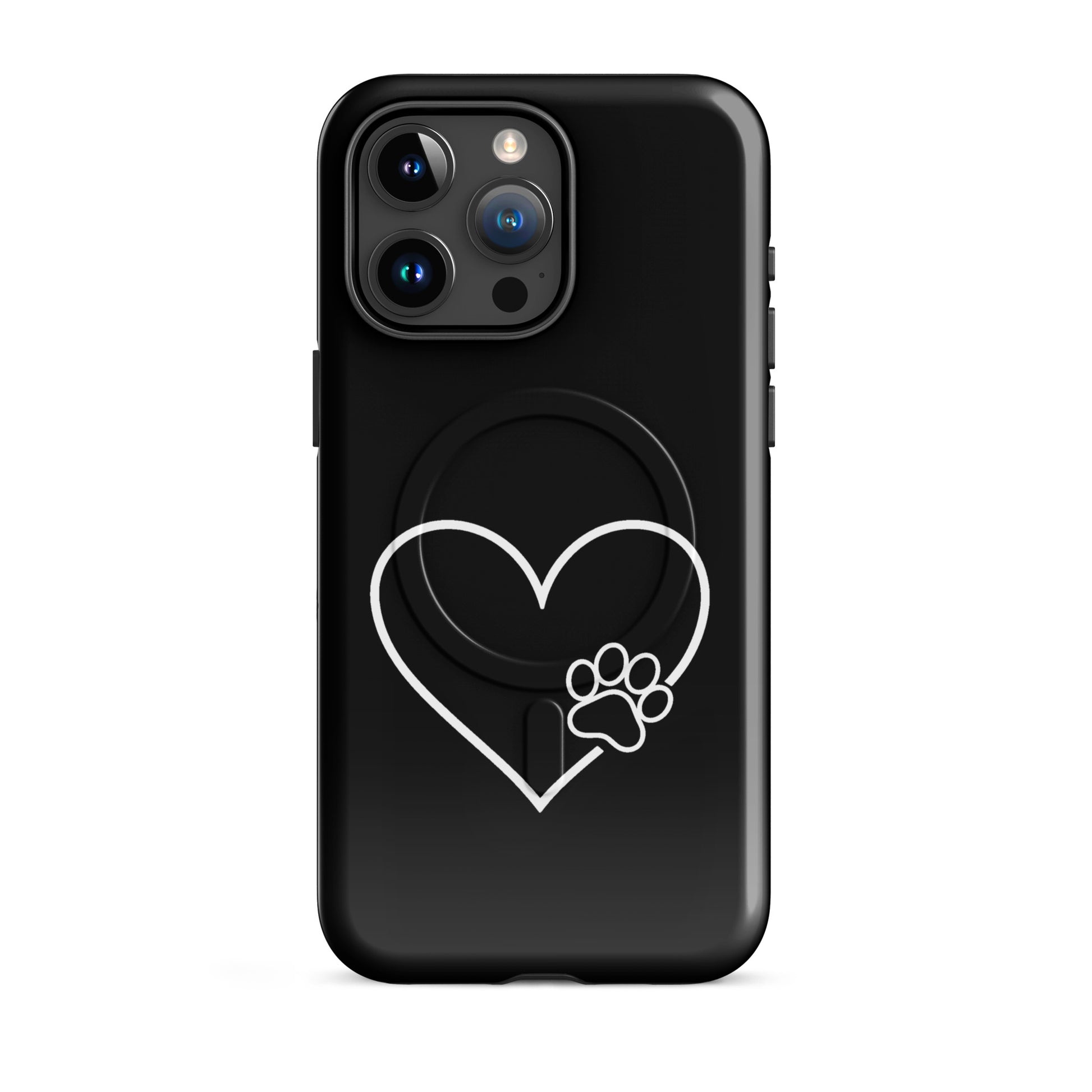 Magnetic Phone Case for iPhone with heart and paw print design, elegant black protective cover for pet lovers