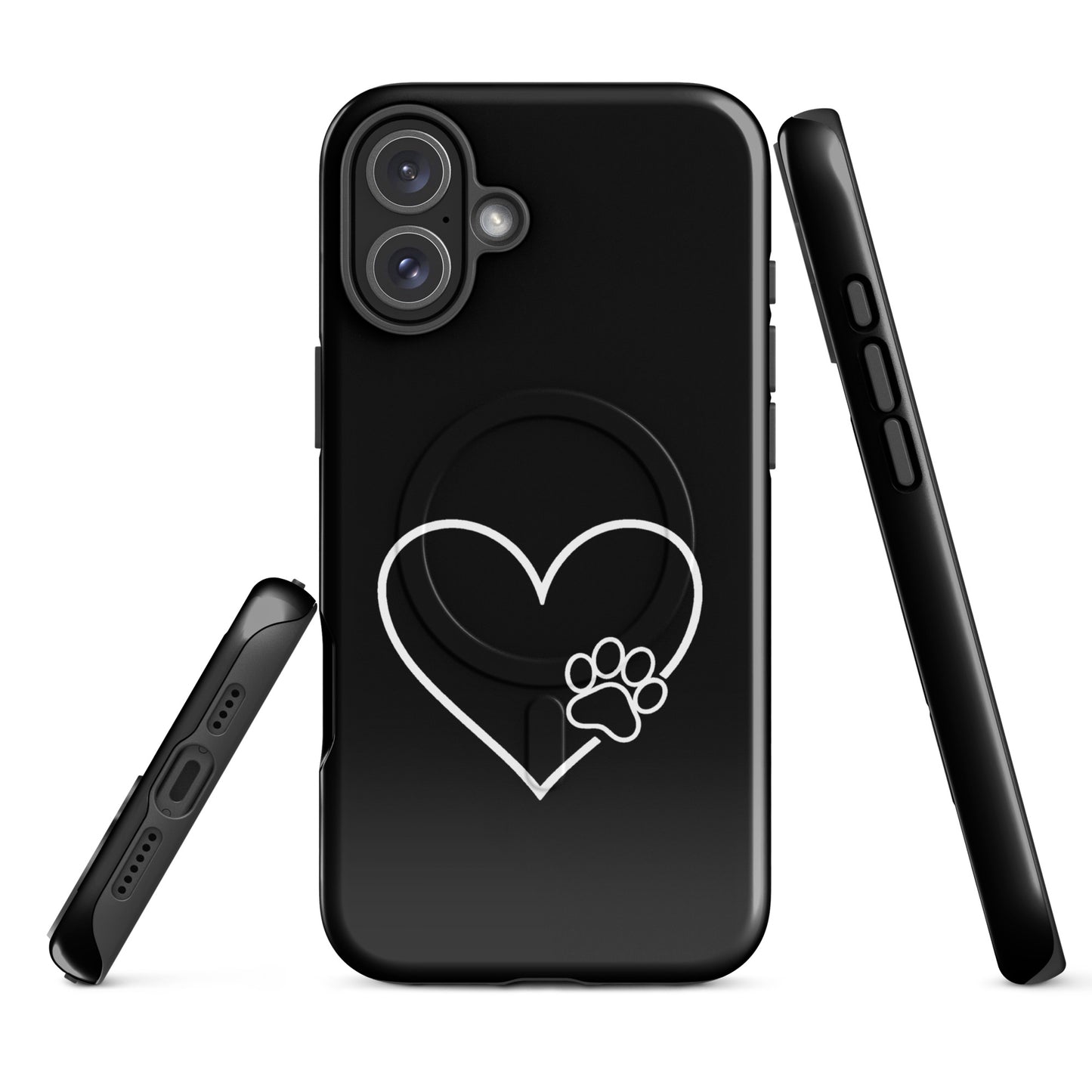 Magnetic Phone Case with heart and paw print design for iPhone, symbolizing love and connection with pets.