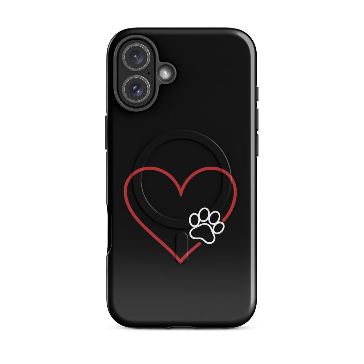 Magnetic Phone Case for iPhone with heart and paw print design, black case with red heart and white paw, pet lover's choice