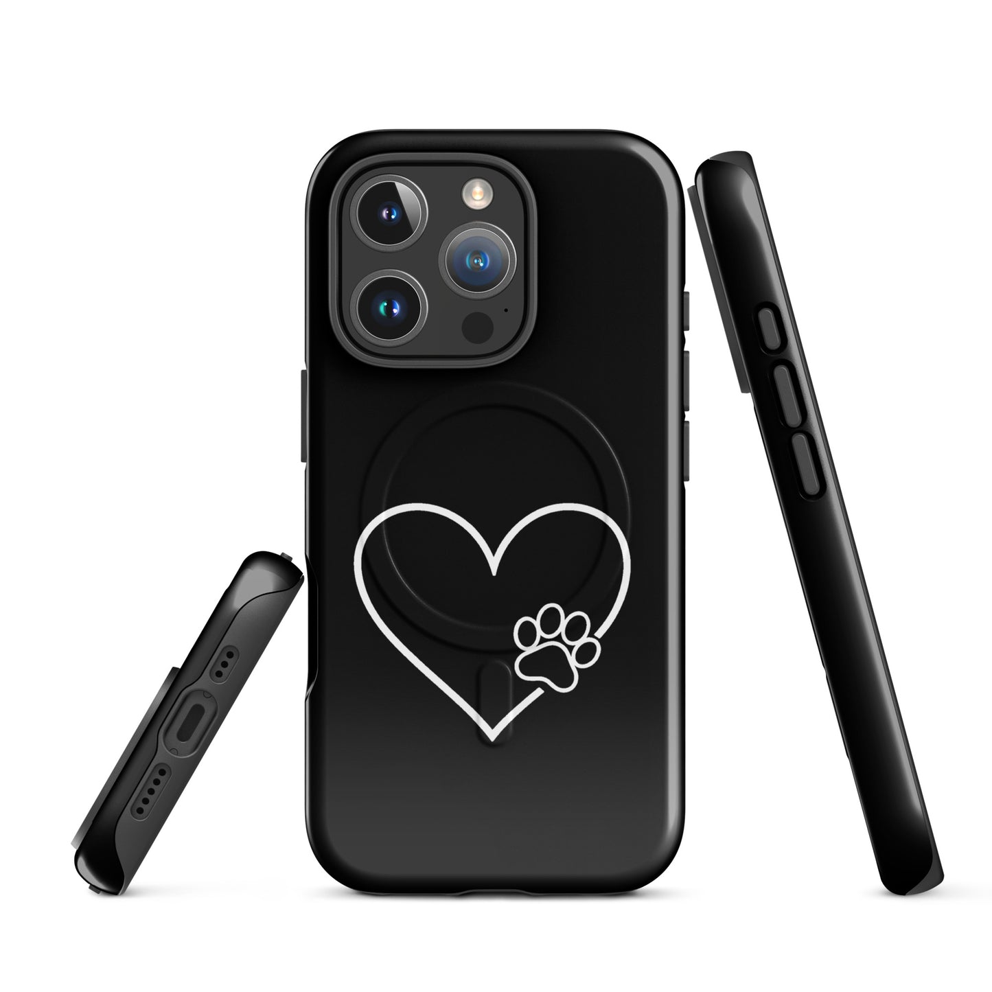 Magnetic Phone Case with heart and paw print design for iPhone, featuring protective black cover with pet-themed style.