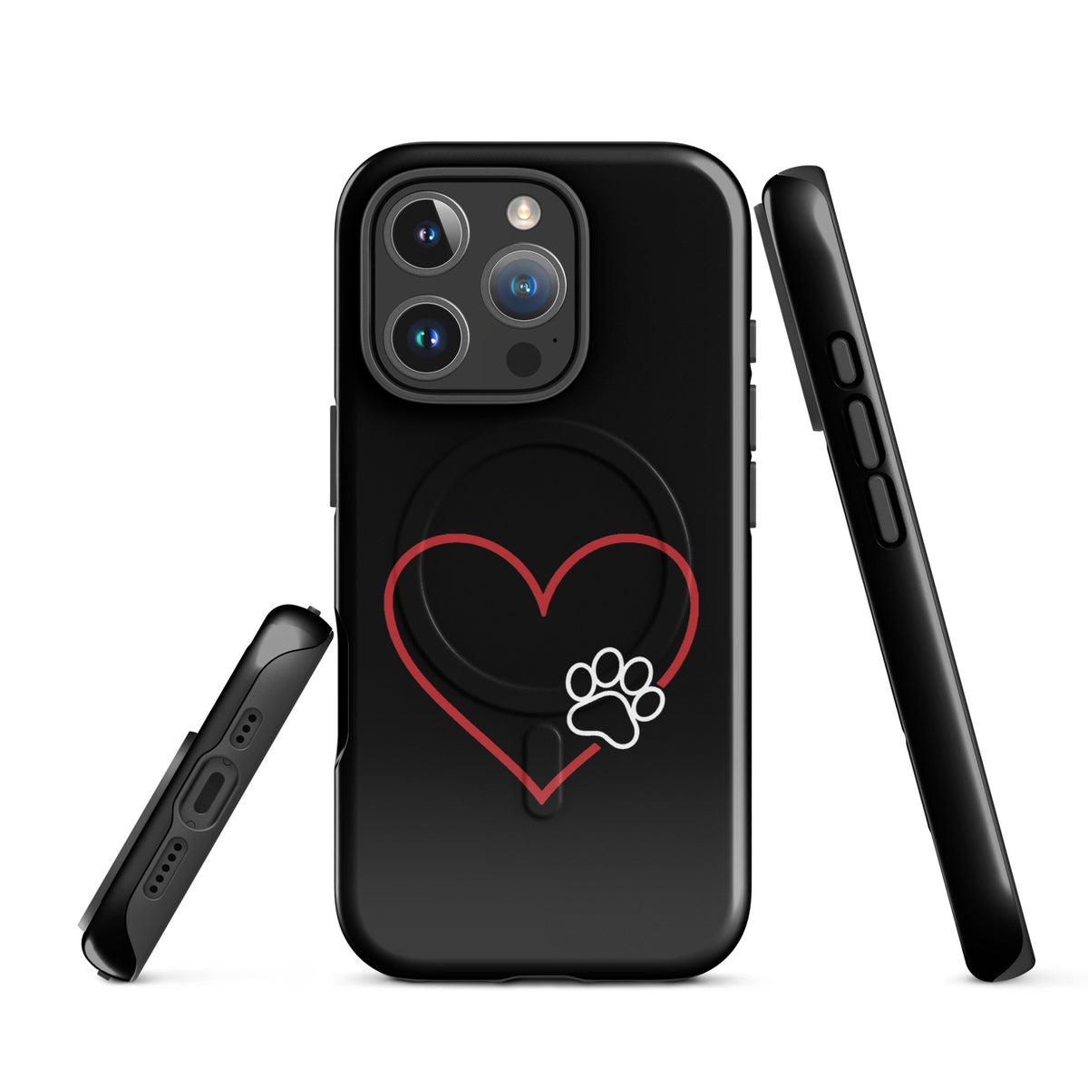 Magnetic Phone Case for iPhone with elegant heart and paw print design, showcases pet love and protection in sleek black.