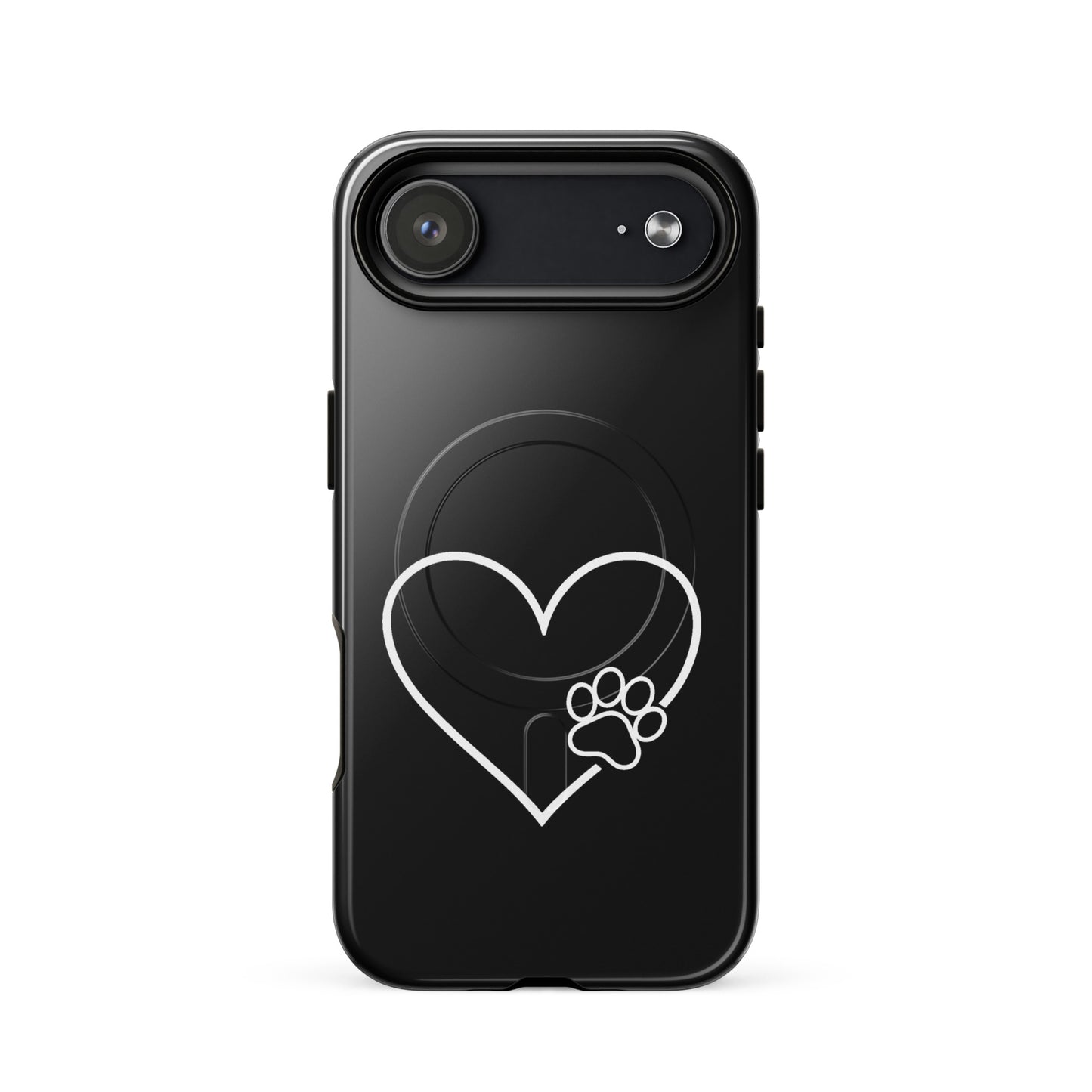 Magnetic Phone Case for iPhone with heart and paw print design on black background, symbolizing love and loyalty for pet lovers.