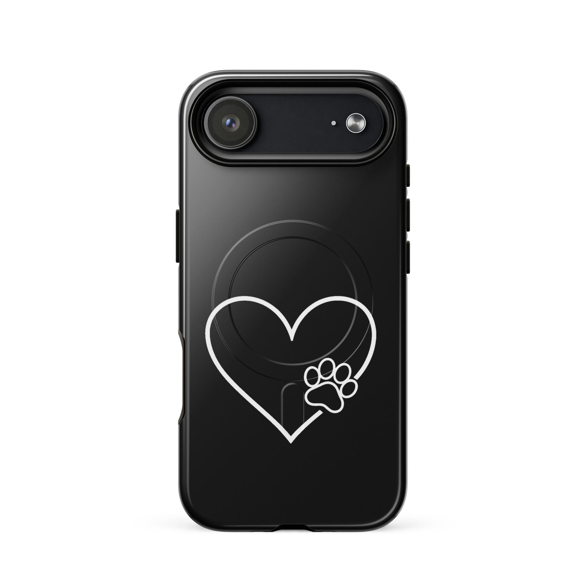 Magnetic Phone Case for iPhone with heart and paw print design on black background, symbolizing love and loyalty for pet lovers.