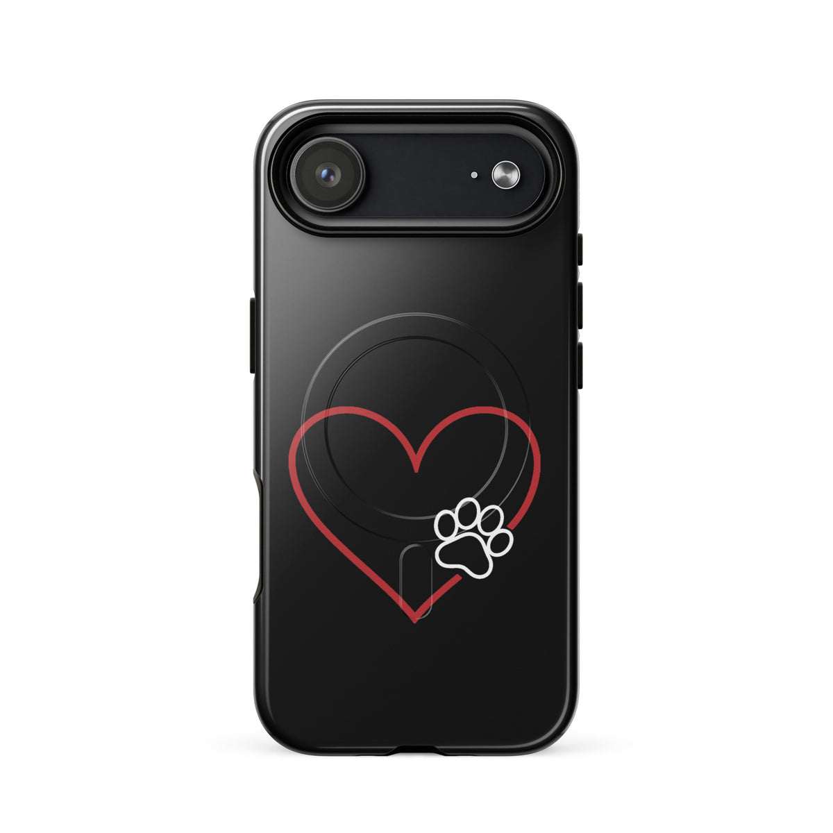 Magnetic Phone Case for iPhone with heart and paw print design, symbolizes pet love and tech protection.