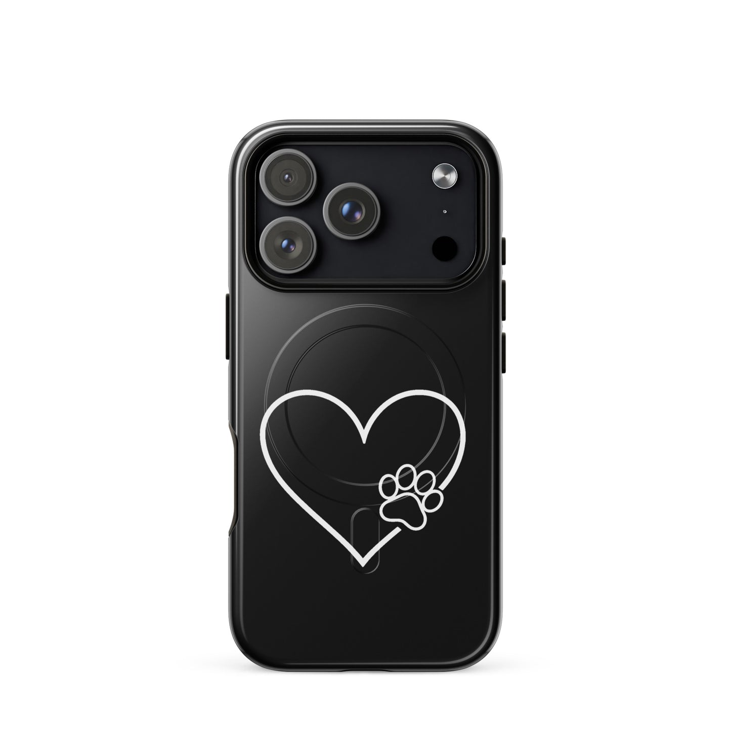 Magnetic Phone Case with elegant heart and paw print design for iPhone, black case with white heart and paw outline.