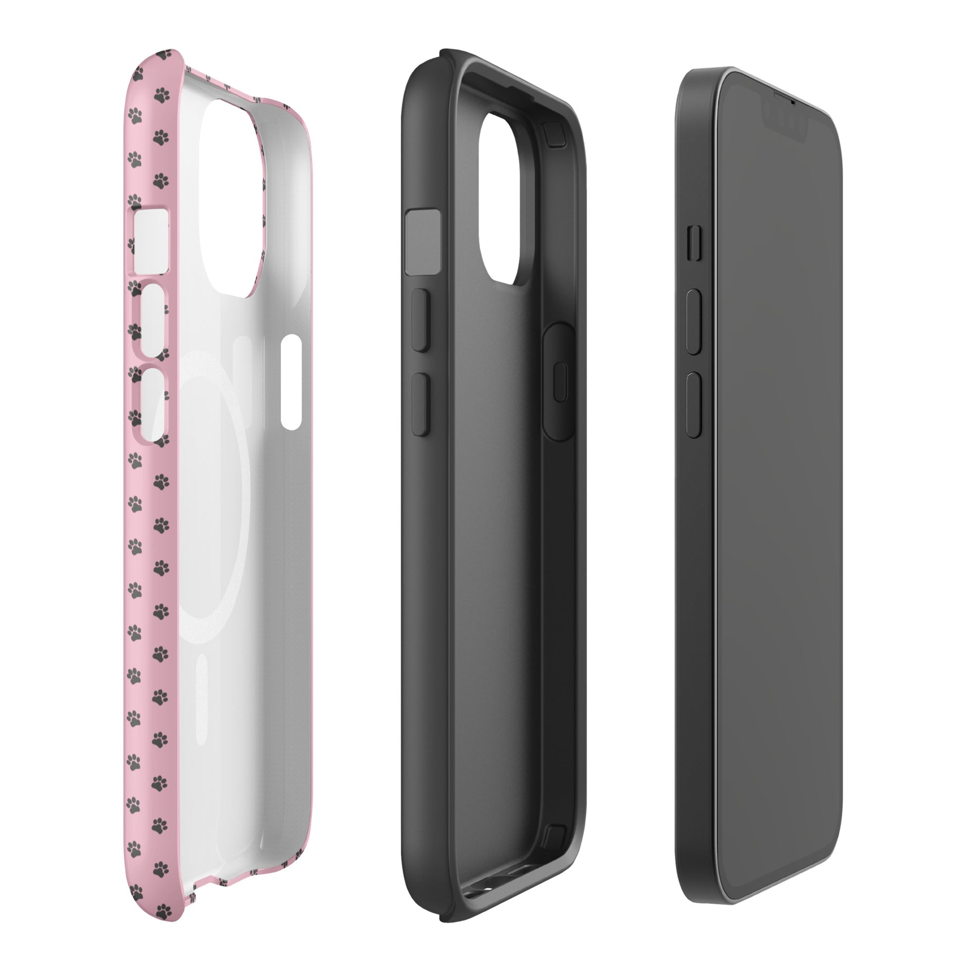 Magnetic Phone Case for iPhone with paw-print design, soft pink background, and dark gray interior showcasing durability and style.
