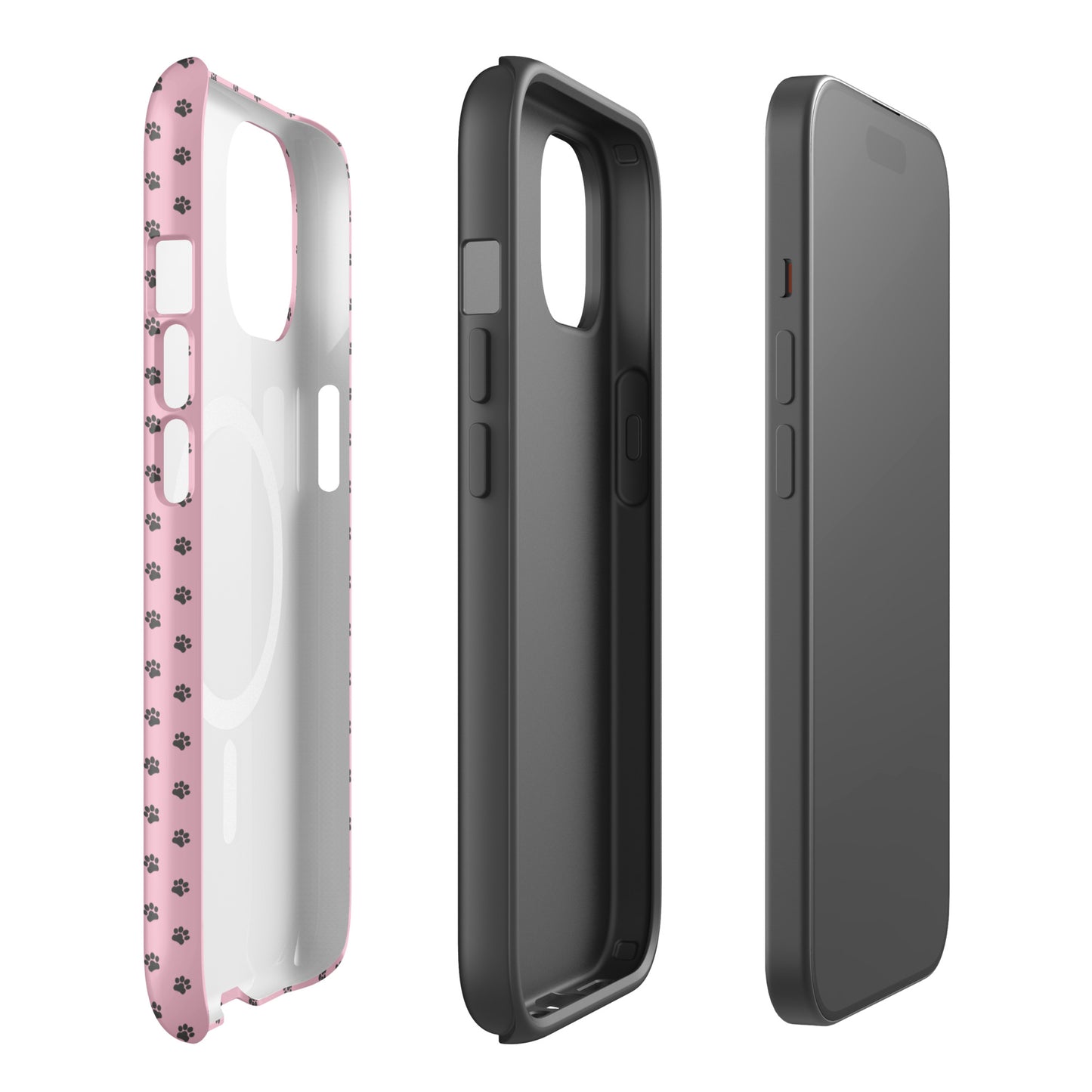 Magnetic Phone Case for iPhone, pink with paw-print design, showing durability and charm.