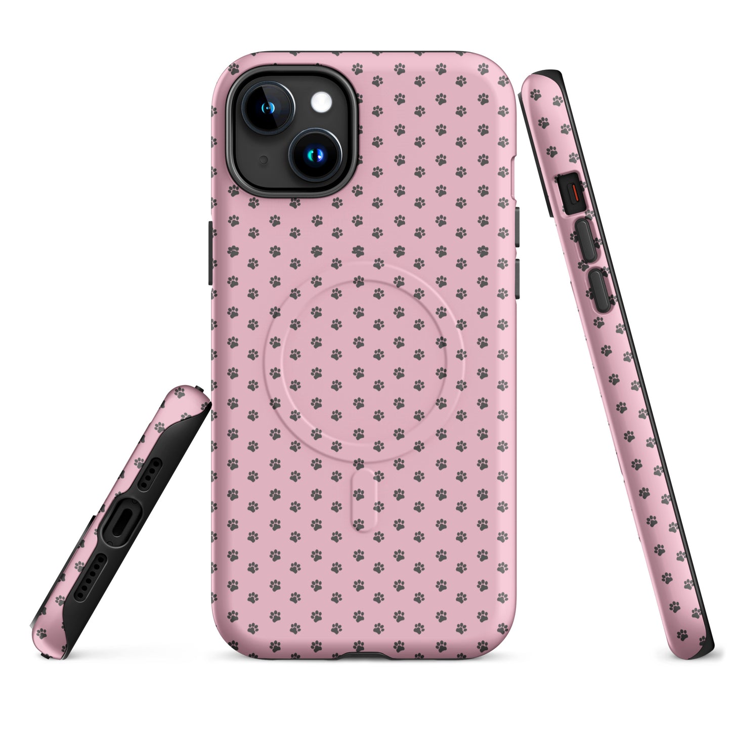 Magnetic Phone Case for iPhone with paw-print design on soft pink background, offering playful protection and style.