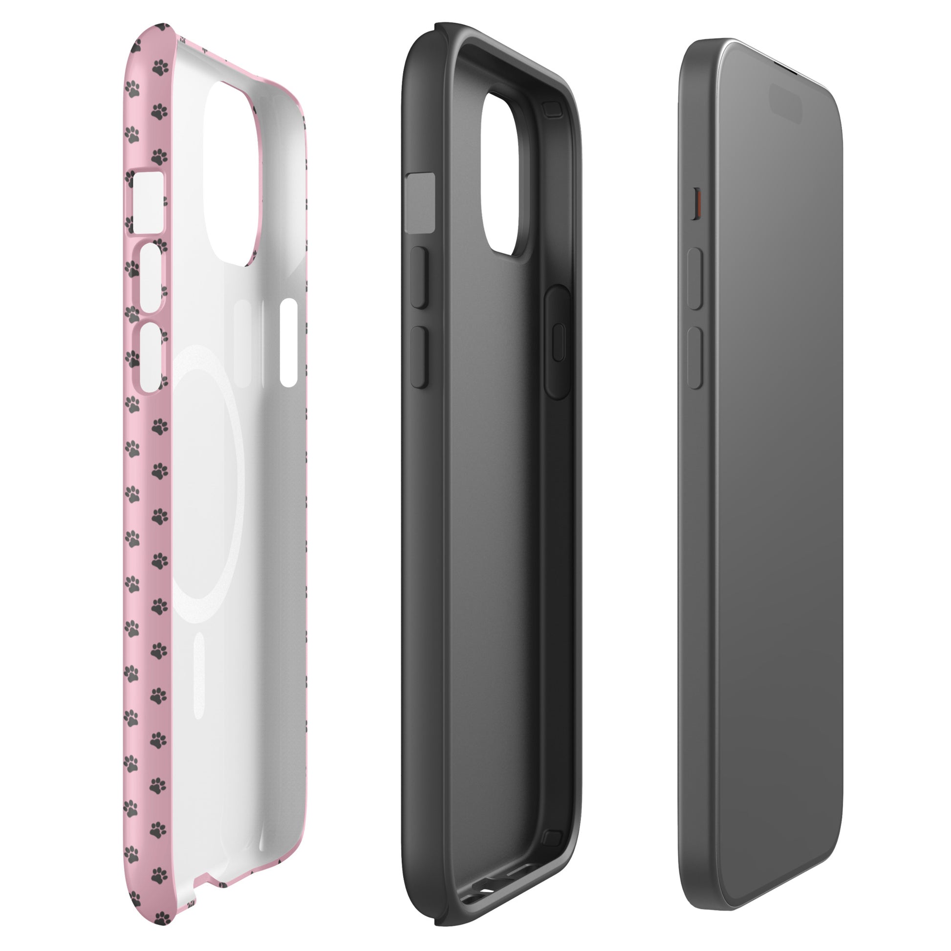 Magnetic Phone Case for iPhone with paw-print design in pink and grey for playful protection.
