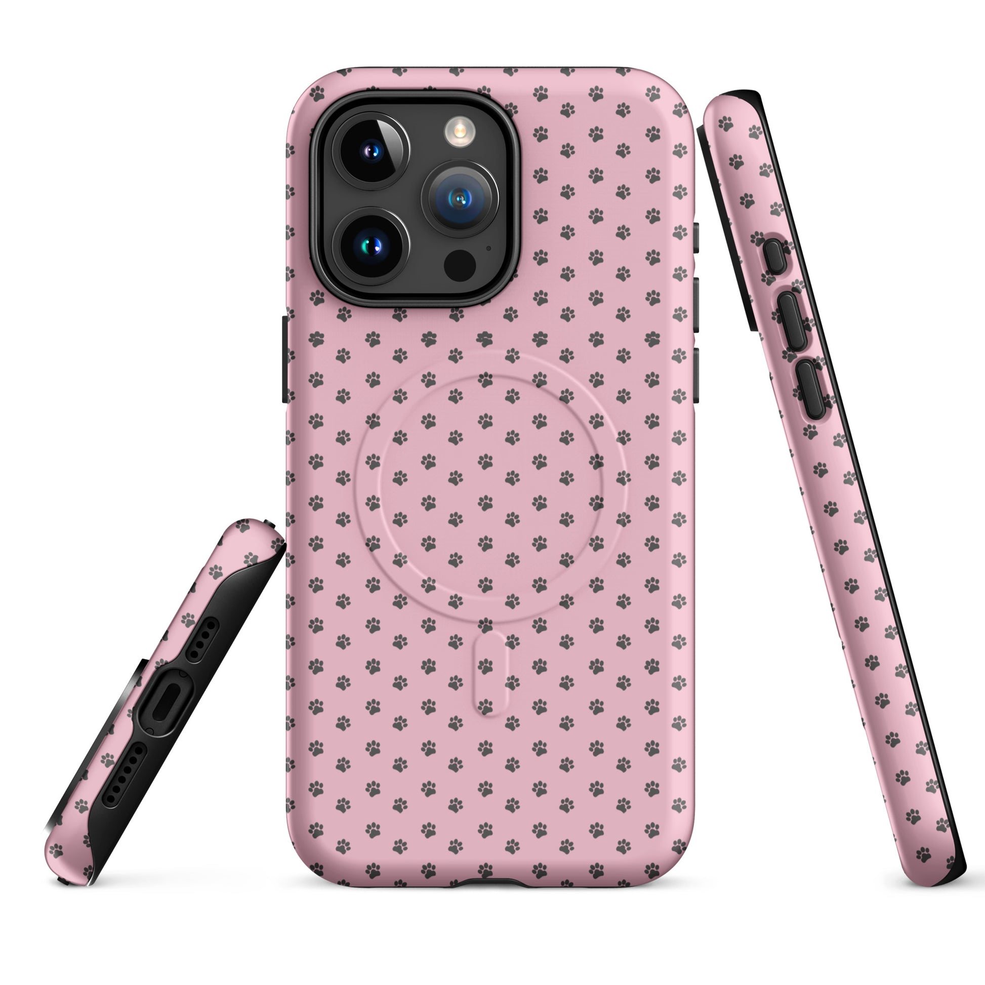 Magnetic Phone Case with pink paw-print design for iPhone, offering playful protection and style.