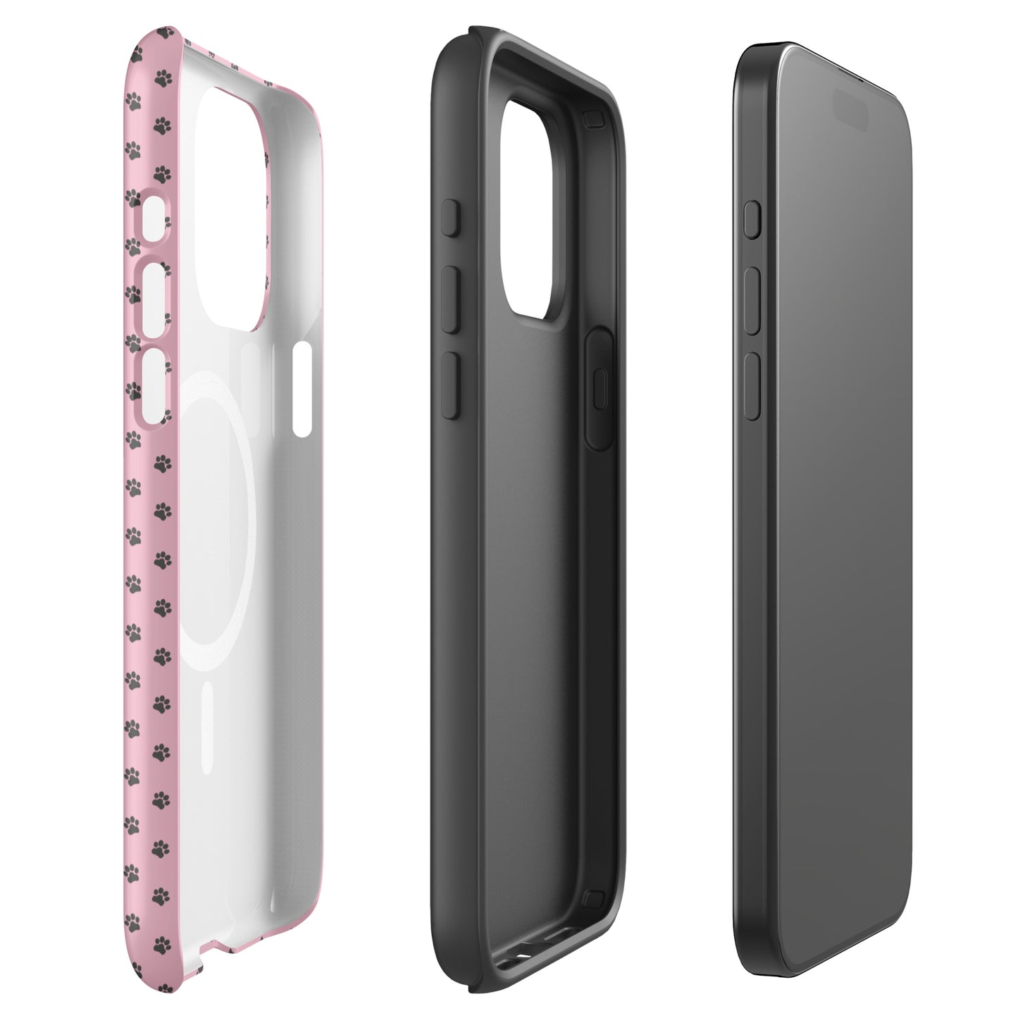 Magnetic Phone Case for iPhone with paw‑print design and pink background, showcasing protective and playful features.