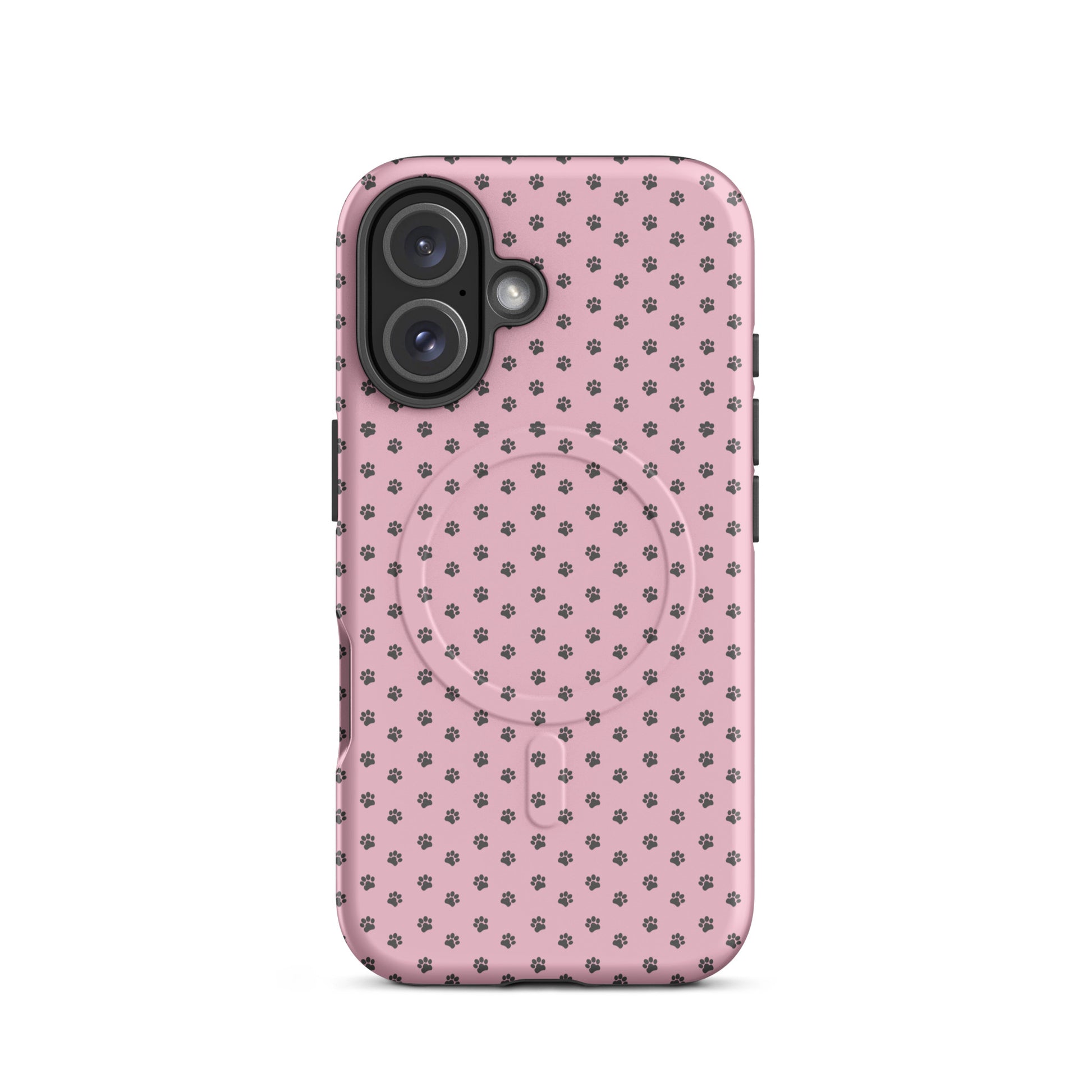 Magnetic Phone Case with paw print design on soft pink background, offering playful protection for iPhone.