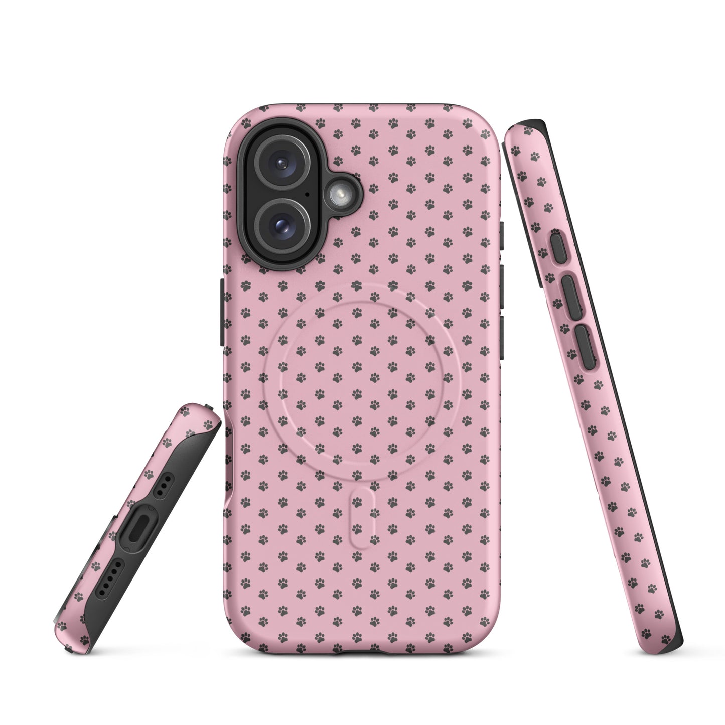Magnetic Phone Case for iPhone with paw print design, soft pink background, playful and protective.