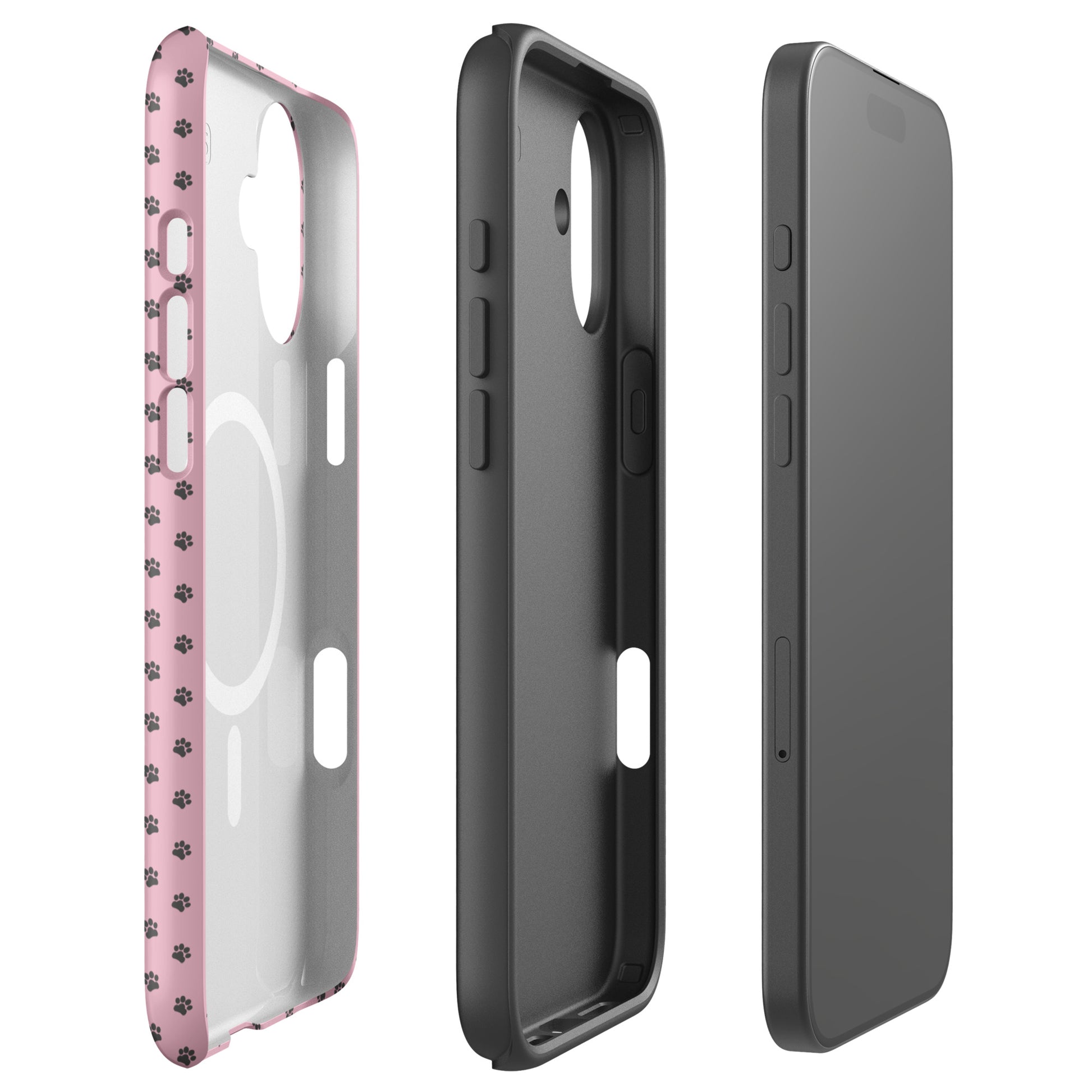 Magnetic Phone Case for iPhone with paw-print design on pink background, offering playful protection.