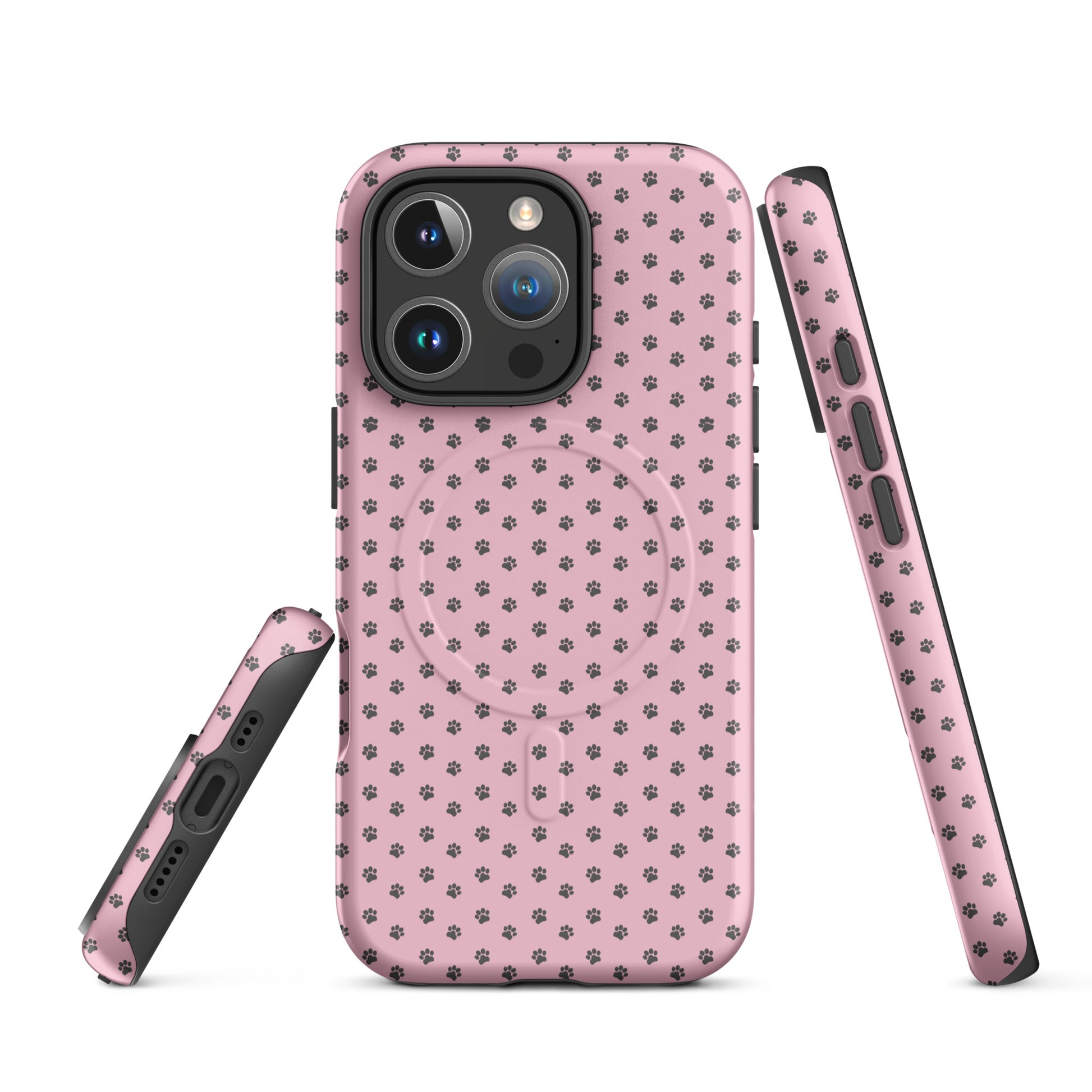 Magnetic Phone Case for iPhone, pink with paw-print design, showcasing playful protection and durability.