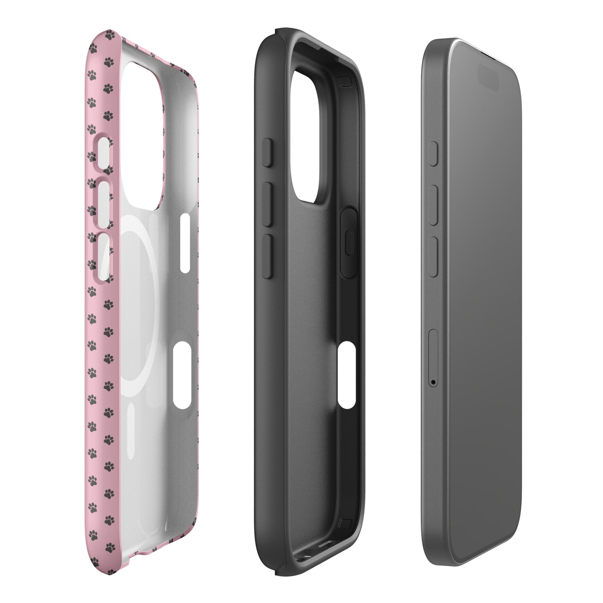 Magnetic Phone Case for iPhone with paw-print design in pink and gray, offering playful protection and style.