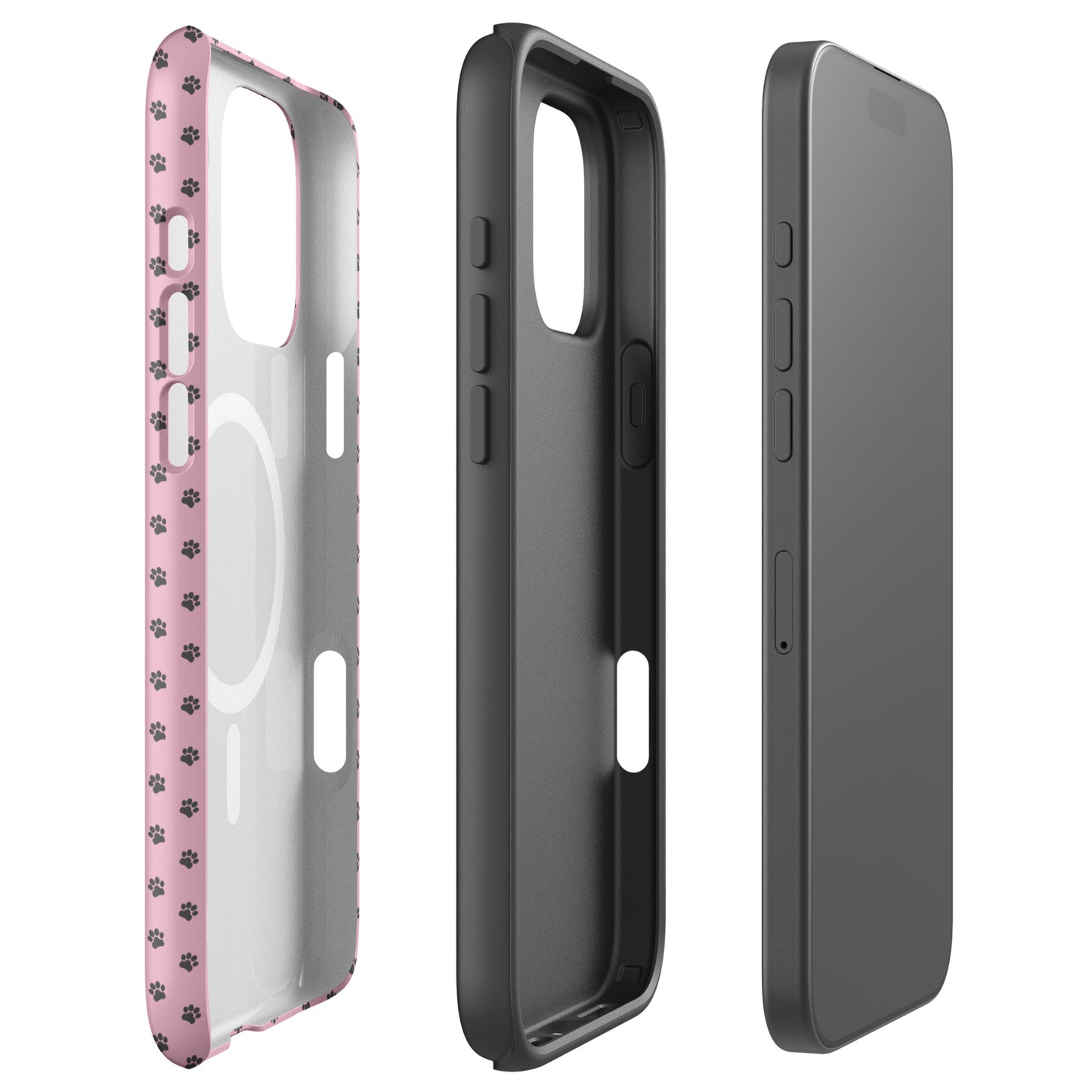 Magnetic Phone Case with paw-print design for iPhone, featuring playful dark gray paws on soft pink background, showcasing side views.