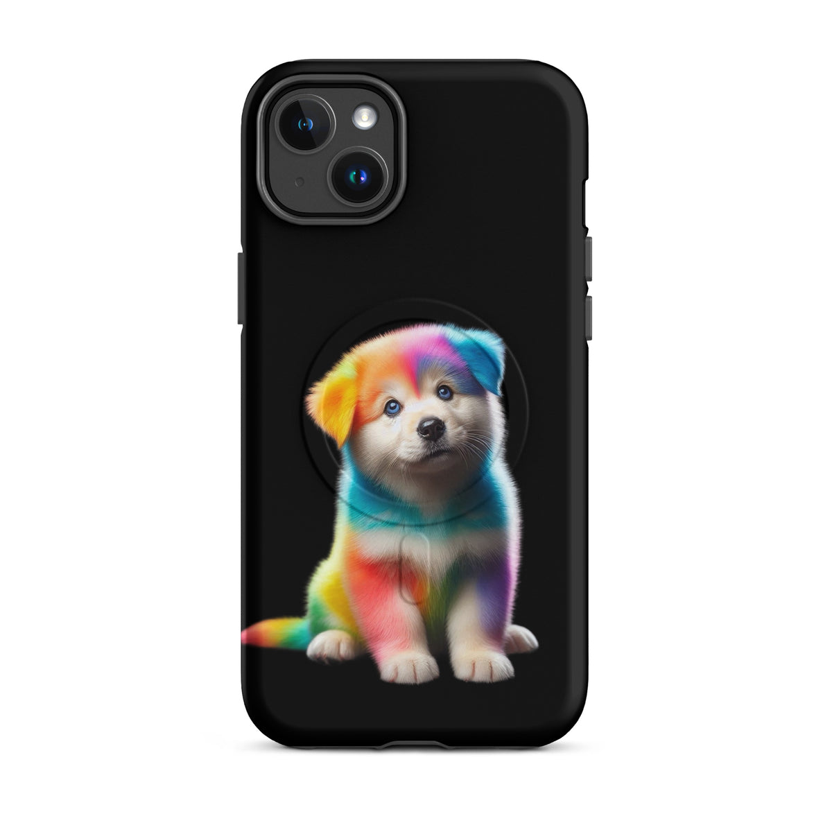 Magnetic Phone Case with rainbow puppy design on dark background, offering bold colors and cosmic sparkle for iPhone protection.