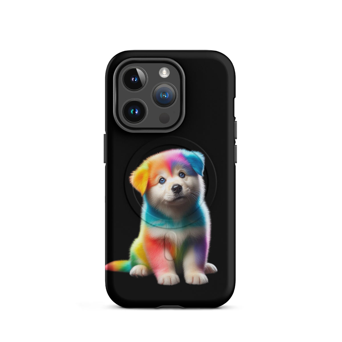 Magnetic Phone Case with rainbow puppy design, dark night sky background, fits iPhone, colorful pet art, cosmic sparkle protection
