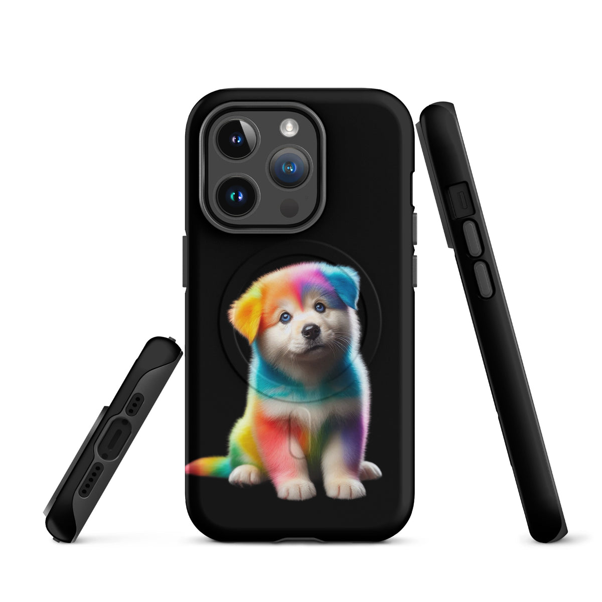 Magnetic Phone Case featuring rainbow puppy design on dark night sky background, offers vibrant artistic protection for your iPhone.