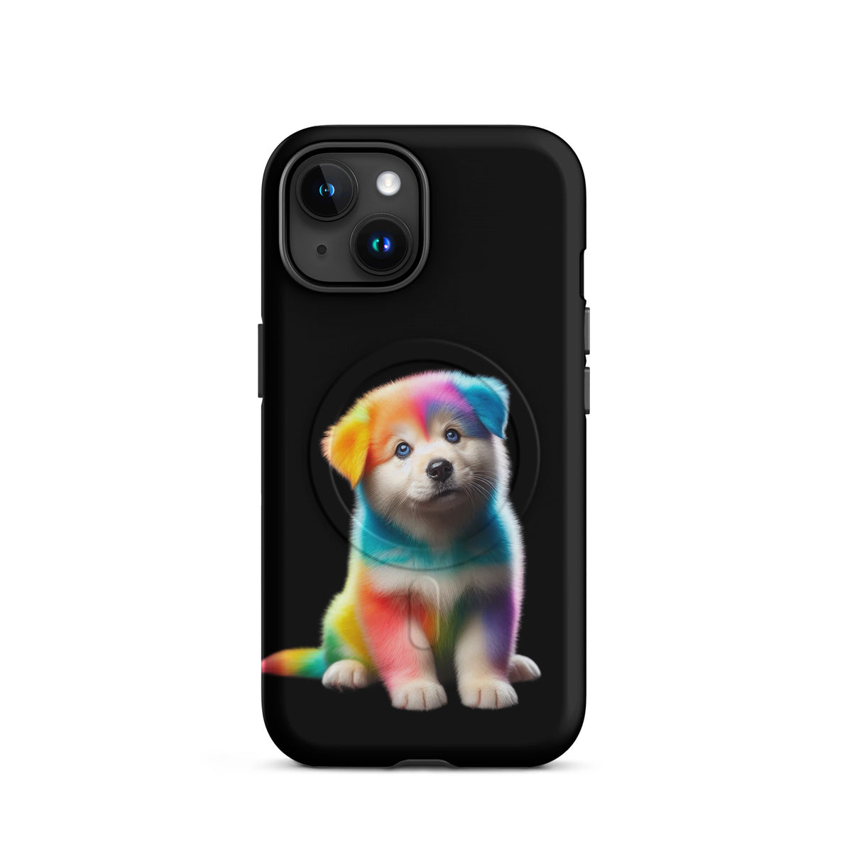 Magnetic Phone Case with rainbow puppy design against night sky backdrop, offering bold color and protection for iPhone users.