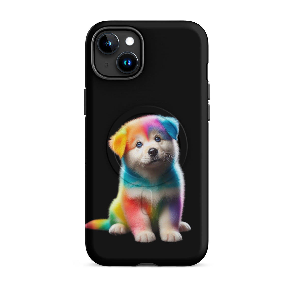 Magnetic Phone Case with rainbow puppy design on black background for iPhone, blending cosmic sparkle and bold colors.